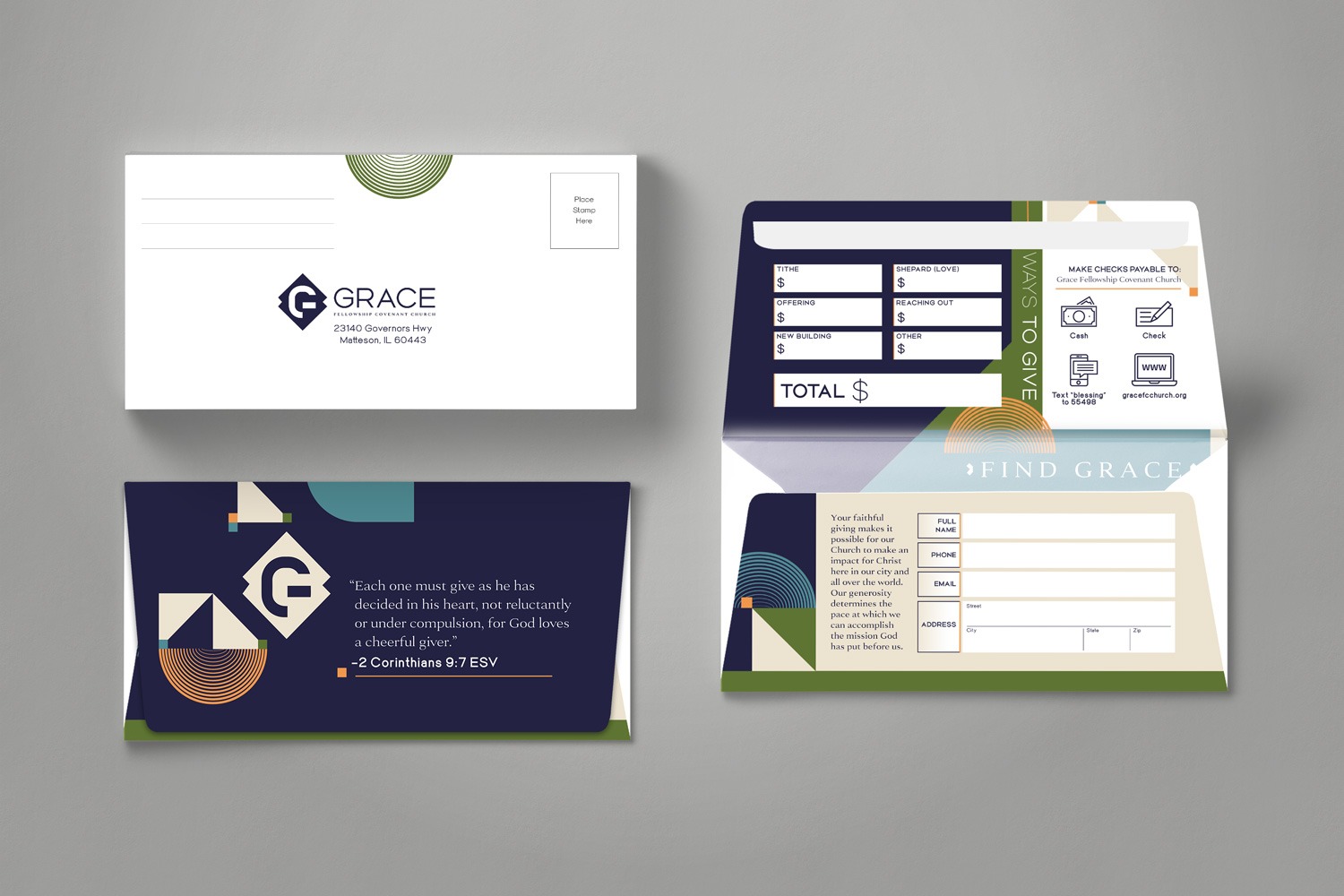 Bold contemporary modern blue green orange church brand offering envelope design by Abstract Union
