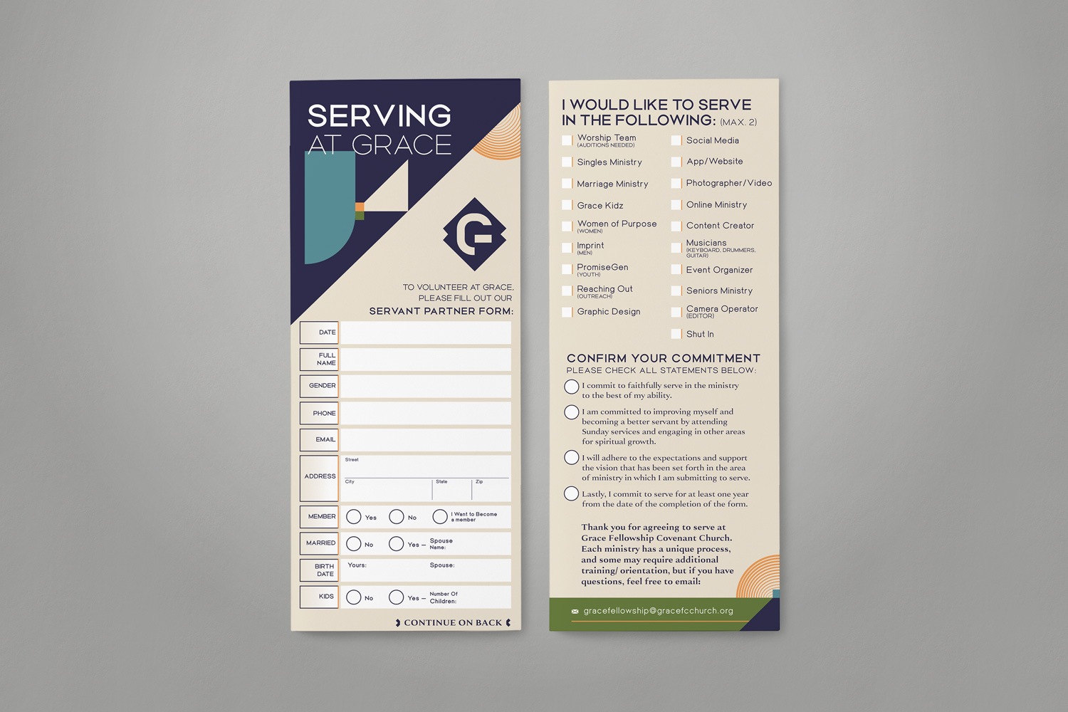 Bold modern contemporary blue green orange volunteer connect card design by Abstract Union