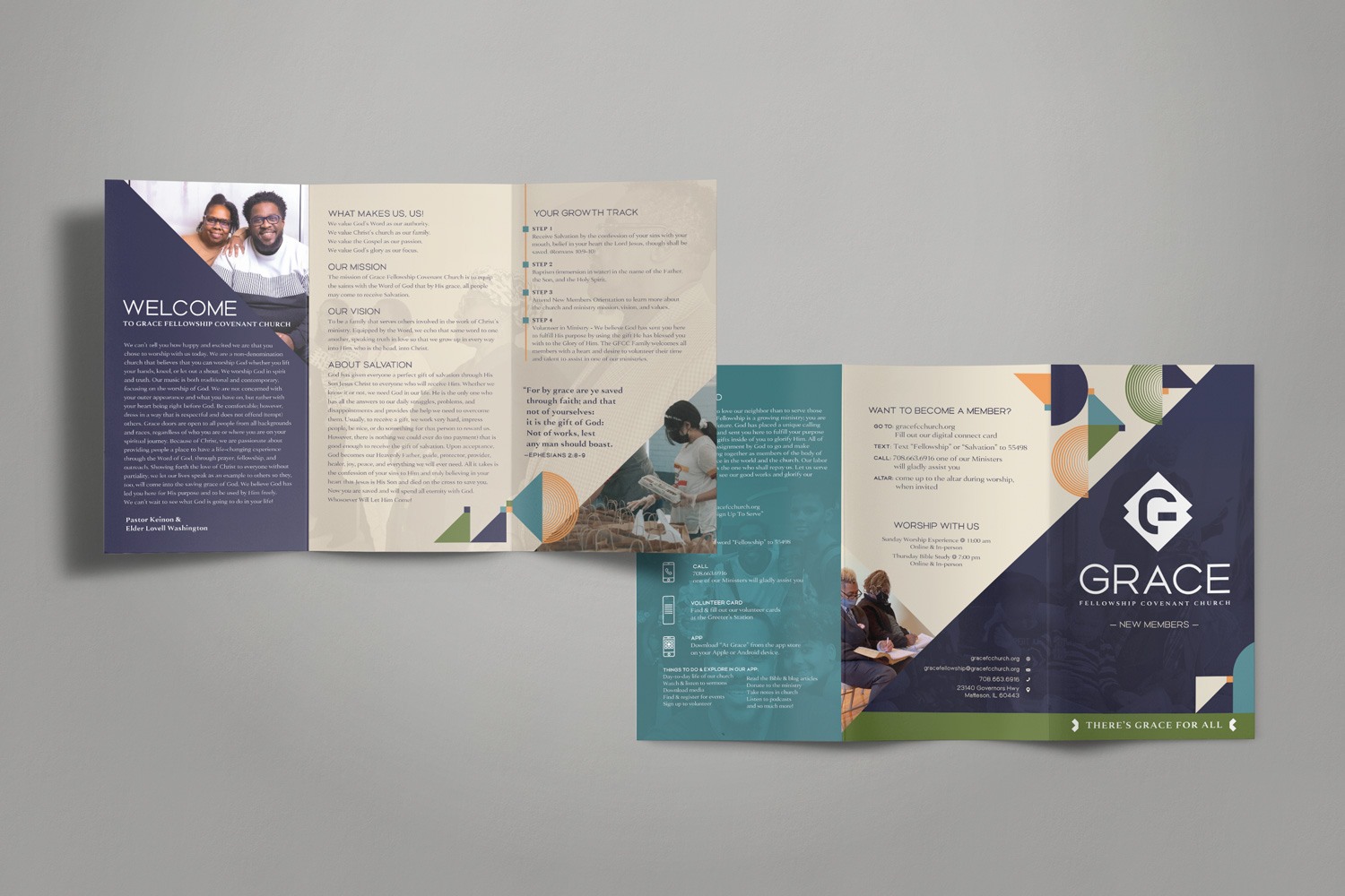 bold modern contemporary blue green orange church brand trifold brochure design by Abstract Union