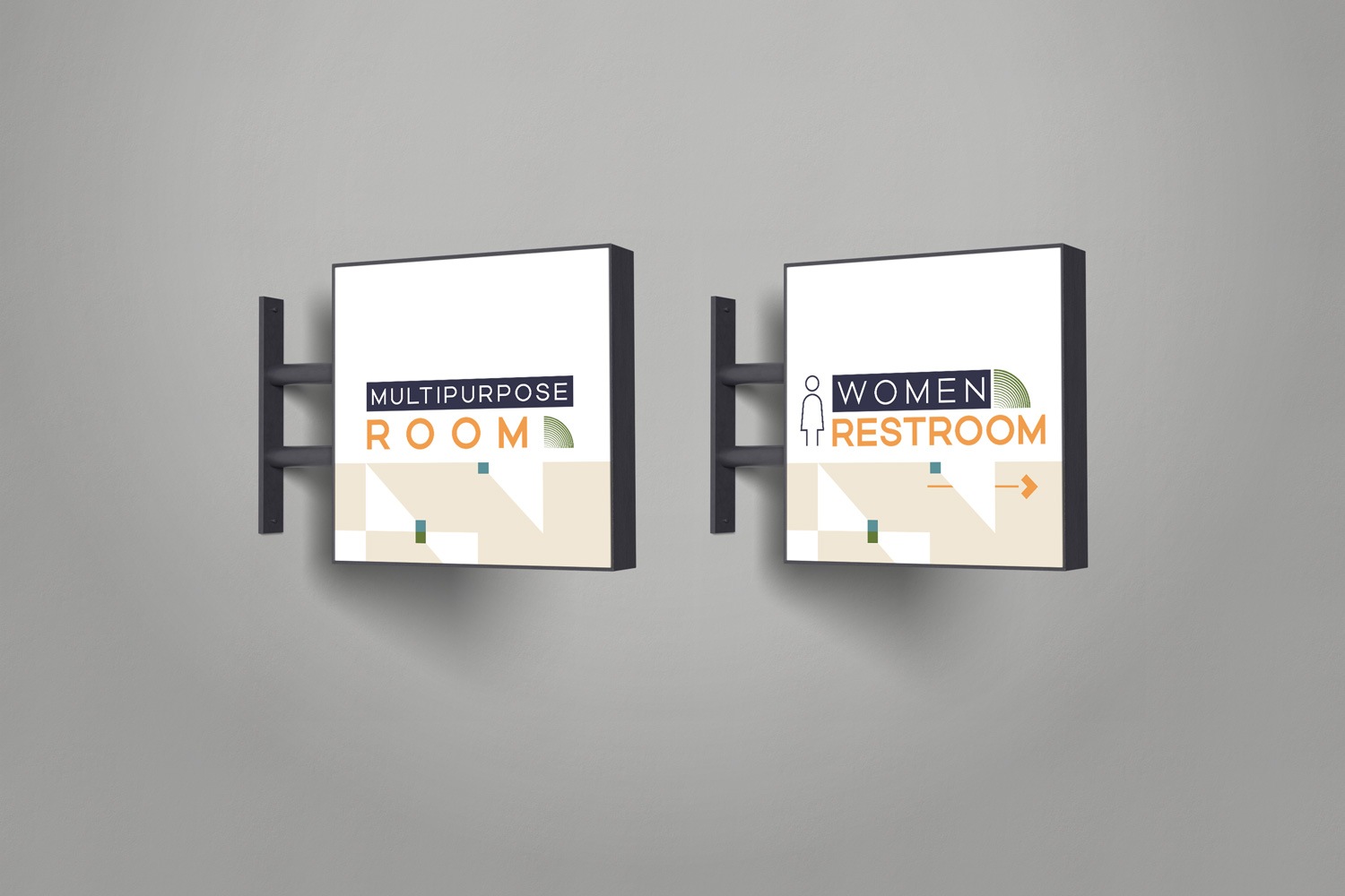 Modern bold contemporary blue orange green acrylic wayfinding sign design by Abstract Union