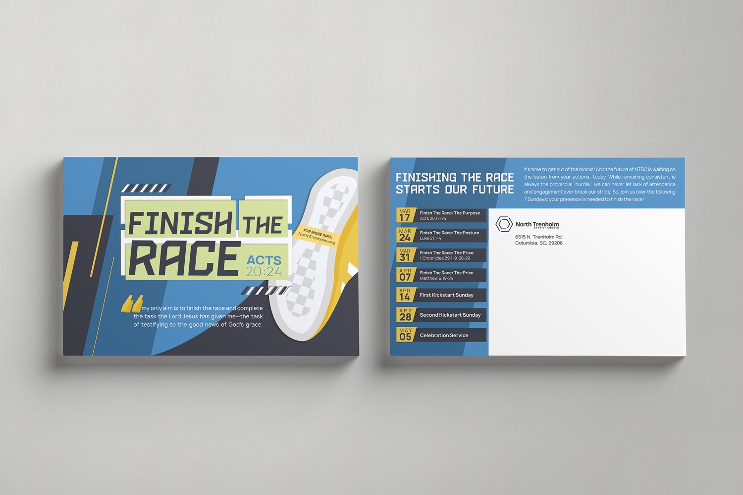 blue racing-inspired church capital campaign postcard mailer design by Abstract Union