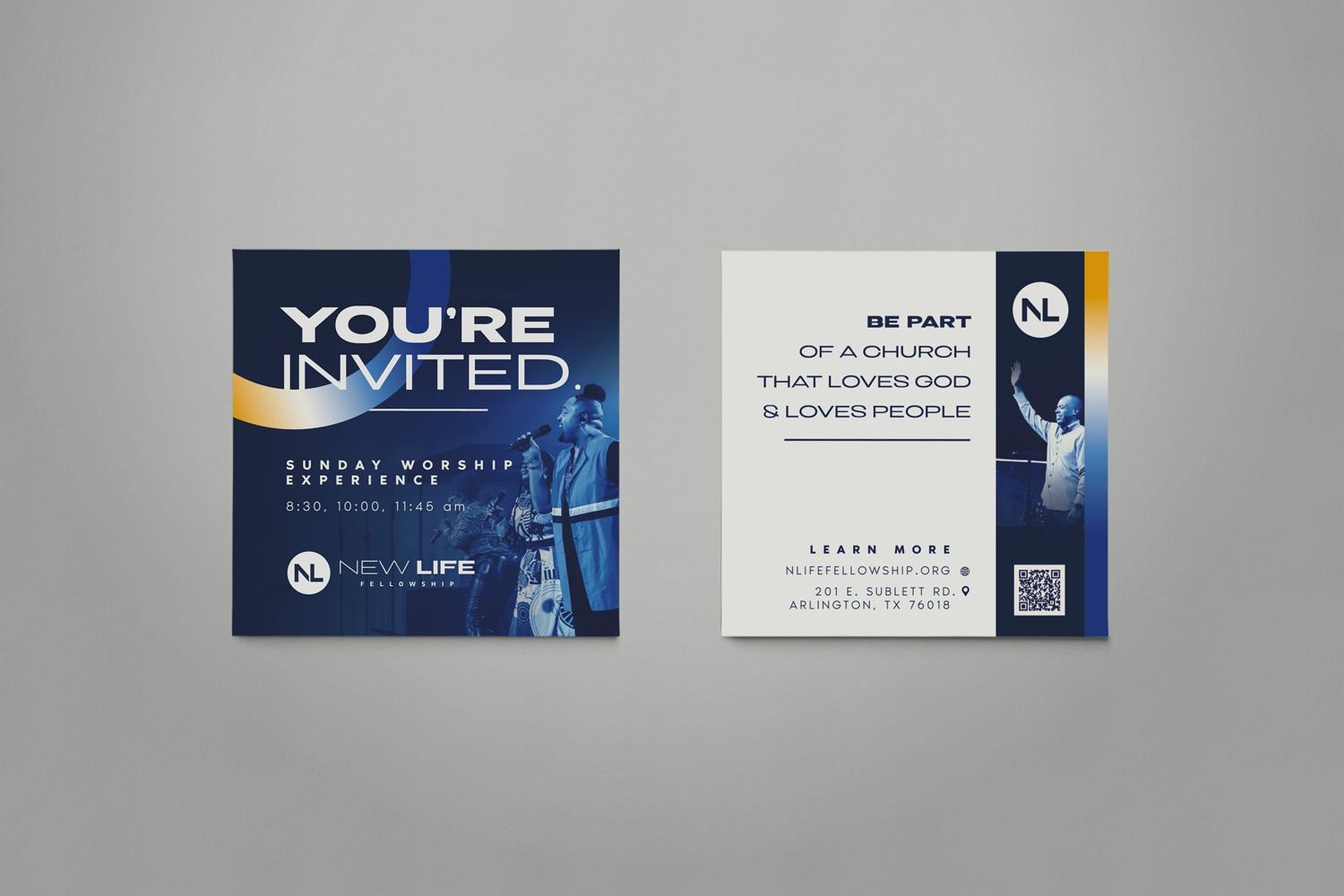 blue yellow gradient bold contemporary church brand invite card design by Abstract Union