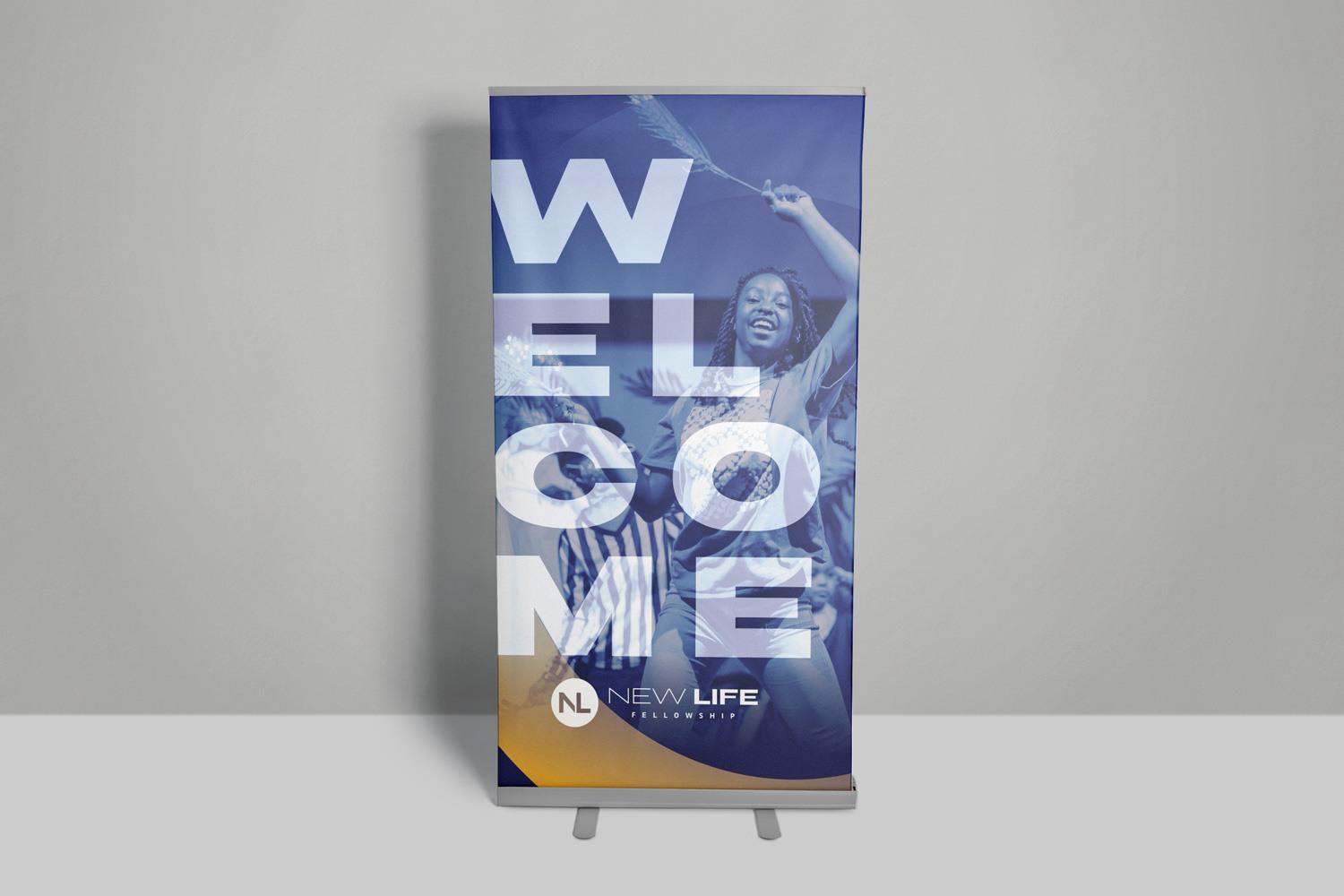 bold welcoming blue yellow gradient inspire church brand retractable banner design by Abstract Union