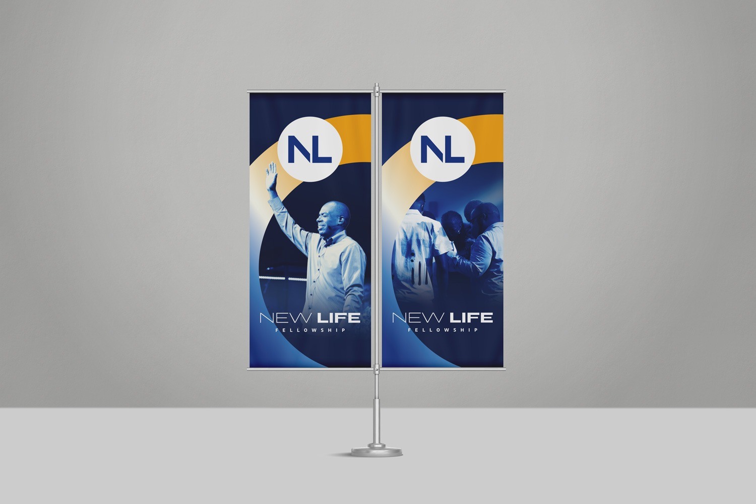 blue yellow gradient bold modern welcoming contemporary church brand pole banner design by Abstract Union