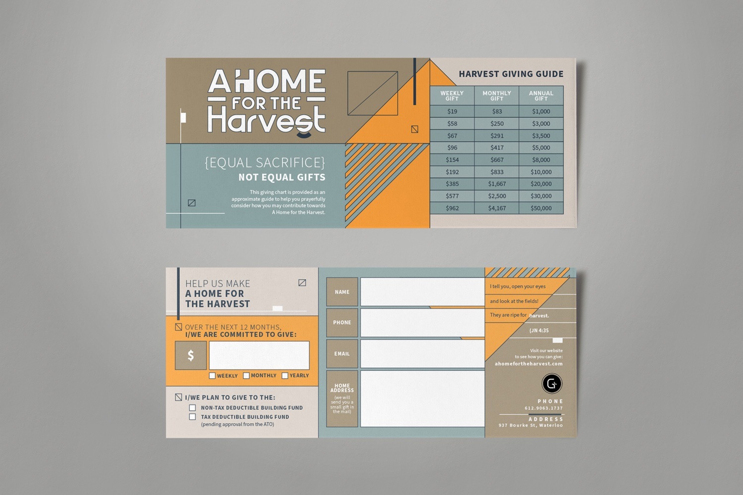 modern minimal contemporary blue orange tan architecture inspiration church capital campaign pledge card design by Abstract Union