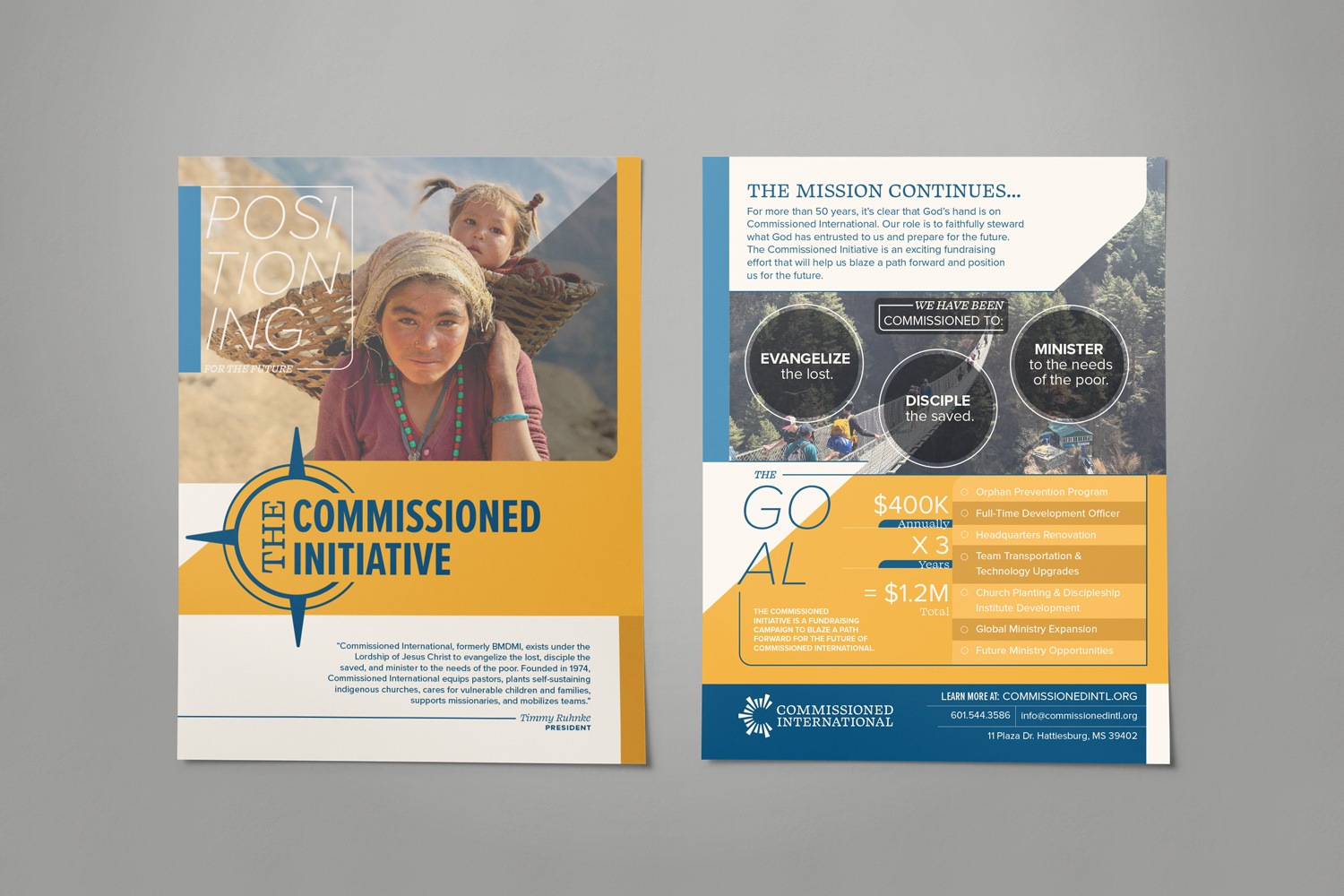 blue yellow bold modern contemporary travel inspire nonprofit capital campaign one pager design by Abstract Union