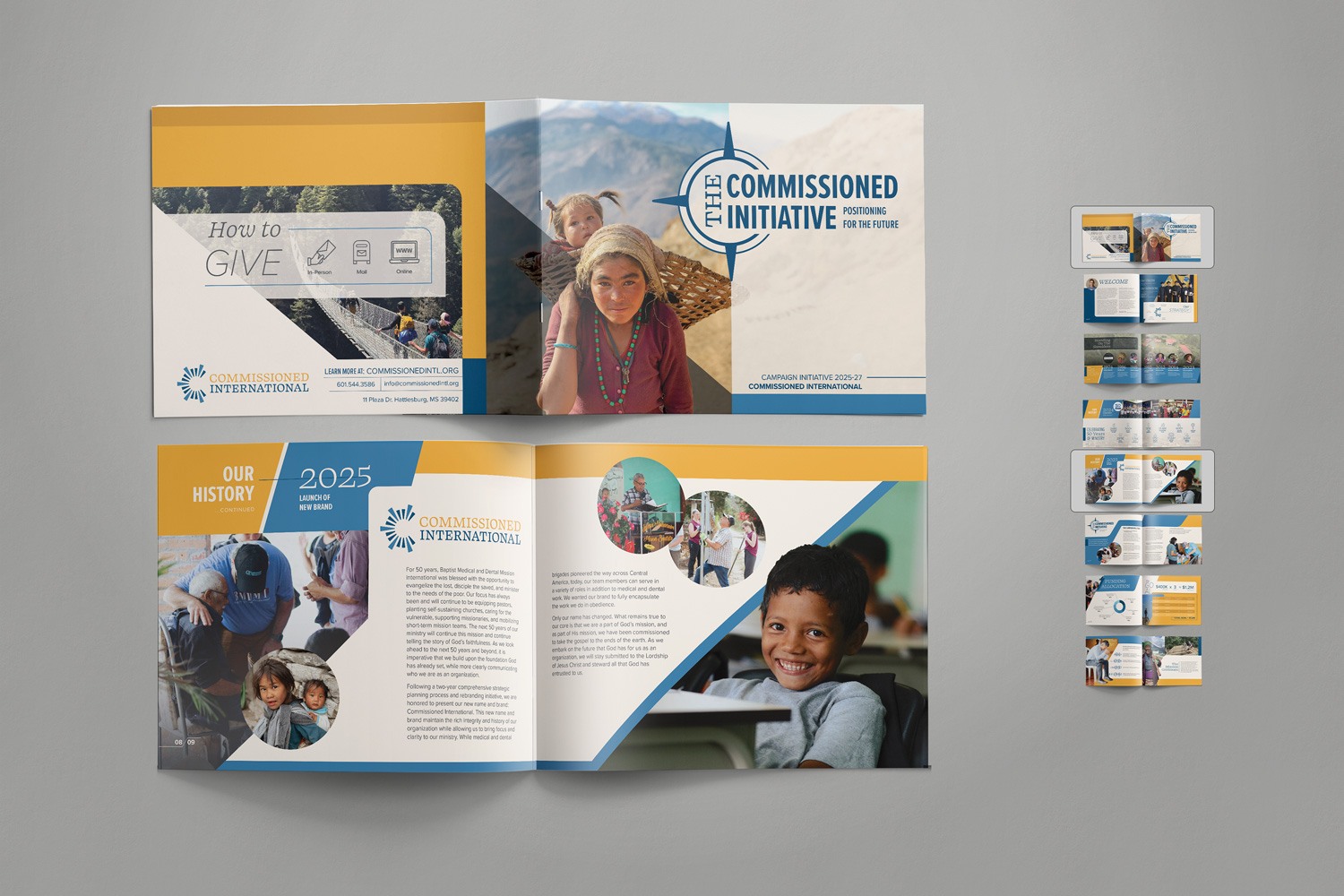 blue yellow bold modern contemporary travel inspire nonprofit capital campaign case statement booklet design by Abstract Union