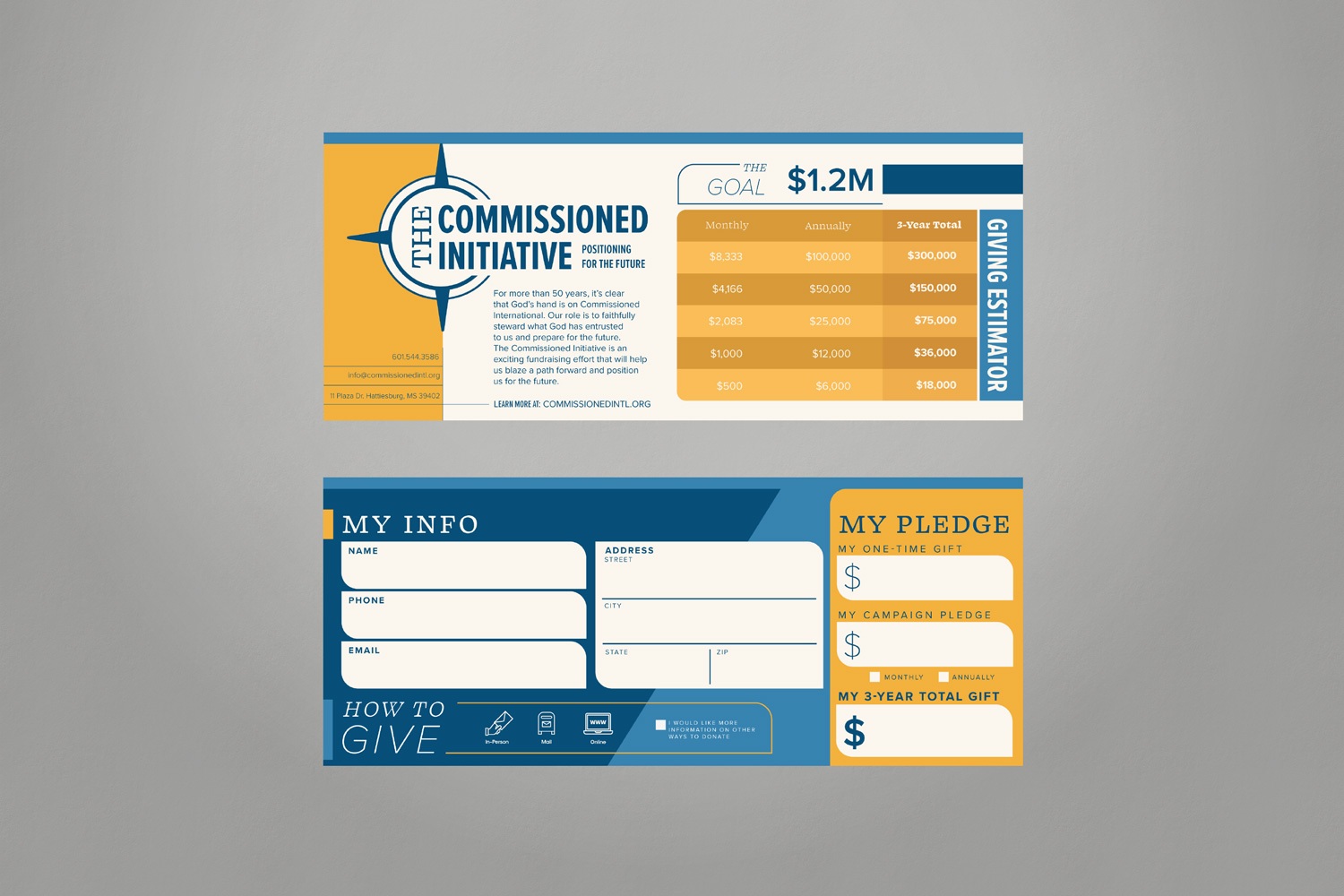 blue yellow bold modern contemporary travel inspire nonprofit capital campaign pledge card design by Abstract Union