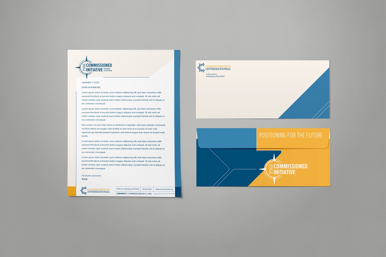 bold modern nonprofit capital campaign letterhead and envelope set design by Abstract Unioin