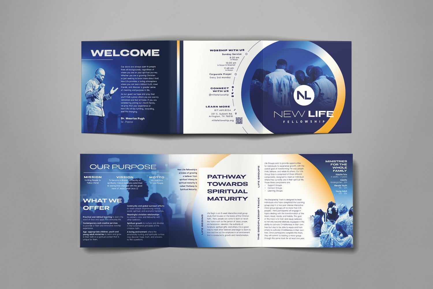 blue yellow gradient bold contemporary church brand brochure design by Abstract Union