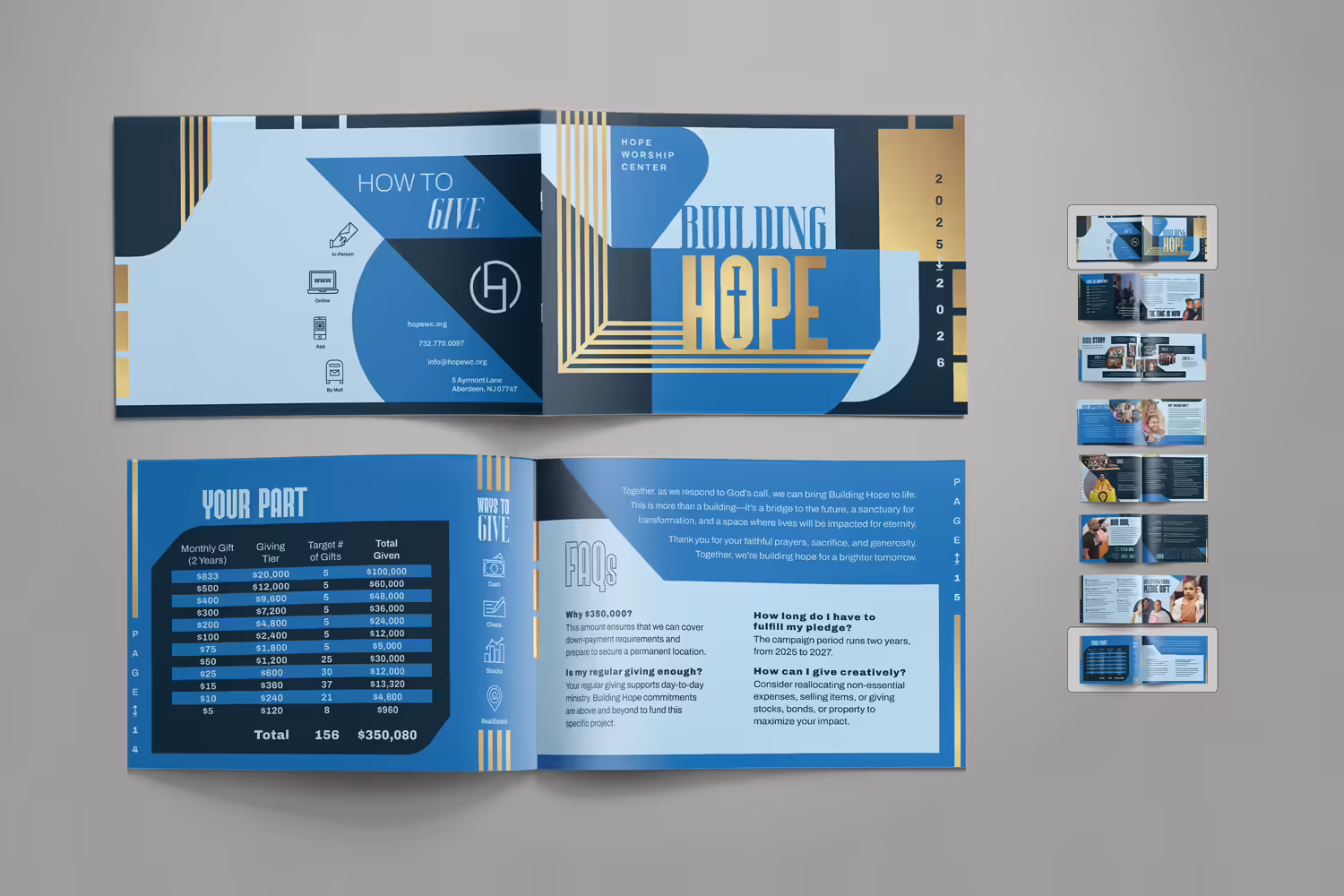 blue gold bold modern striking church capital campaign case statement booklet design by Abstract Union