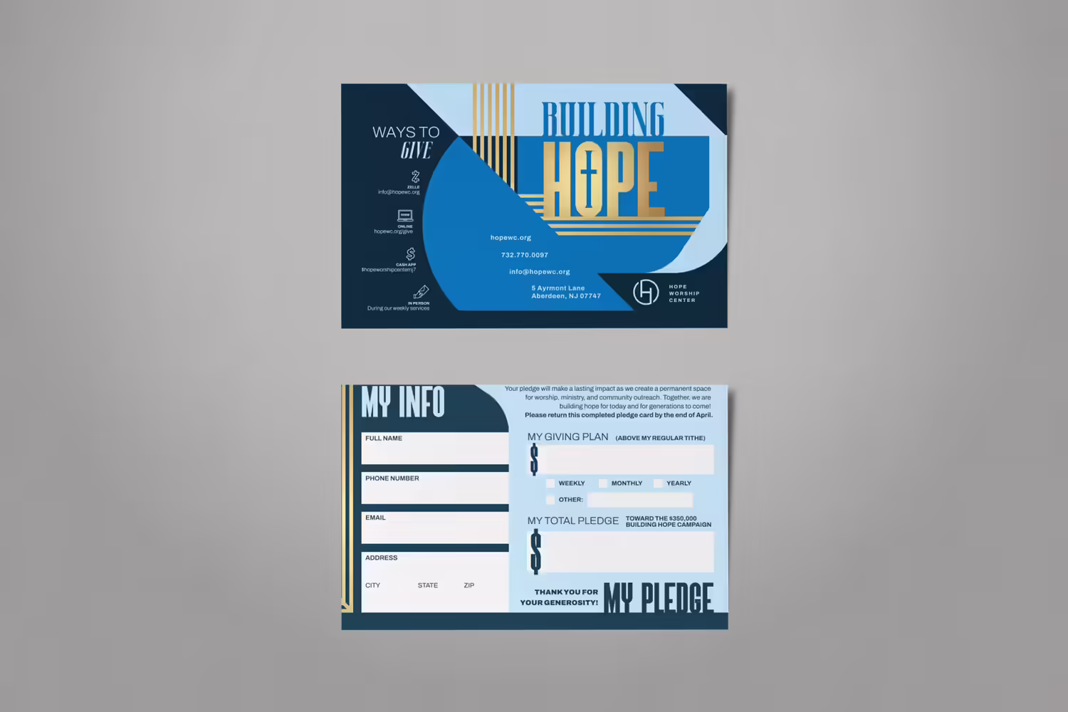 blue gold modern bold striking contemporary church capital campaign pledge card design by Abstract Union