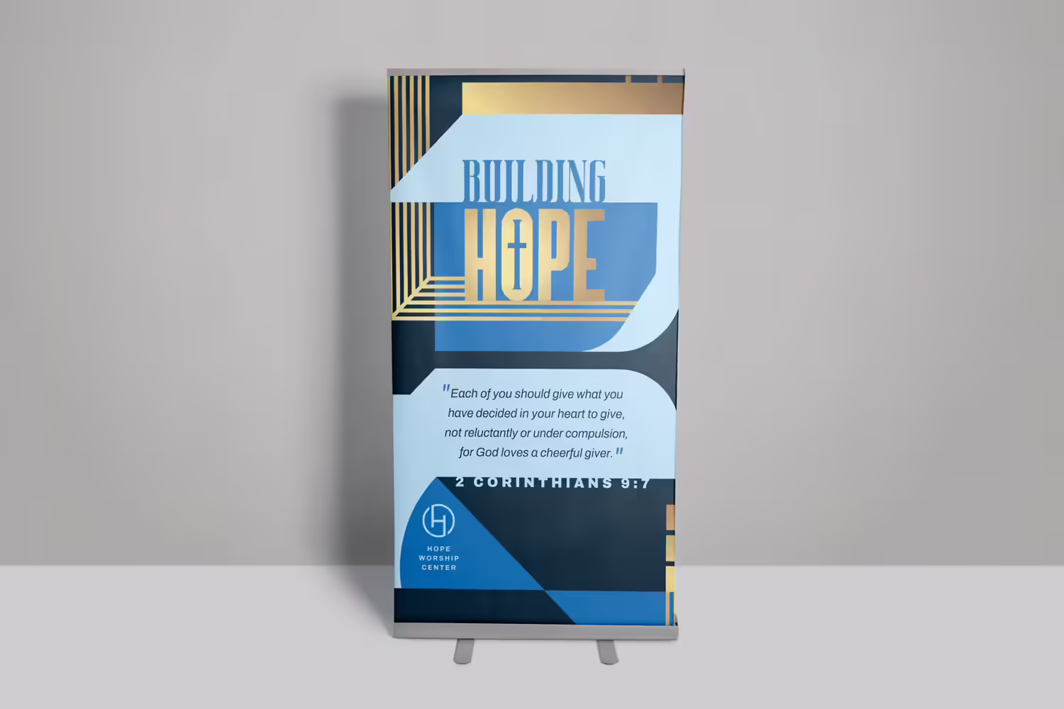 blue gold modern contemporary bold striking church capital campaign retractable roll banner design by Abstract Union
