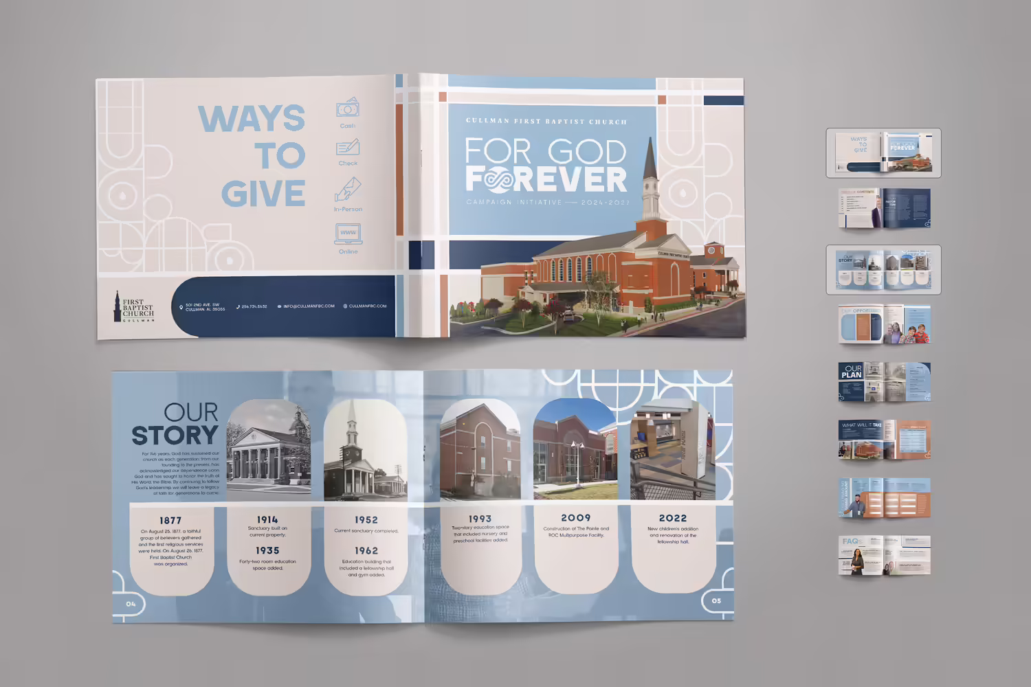 royal blue classic blended modern contemporary building inspired church capital campaign case statement multipage booklet brochure design by Abstract Union