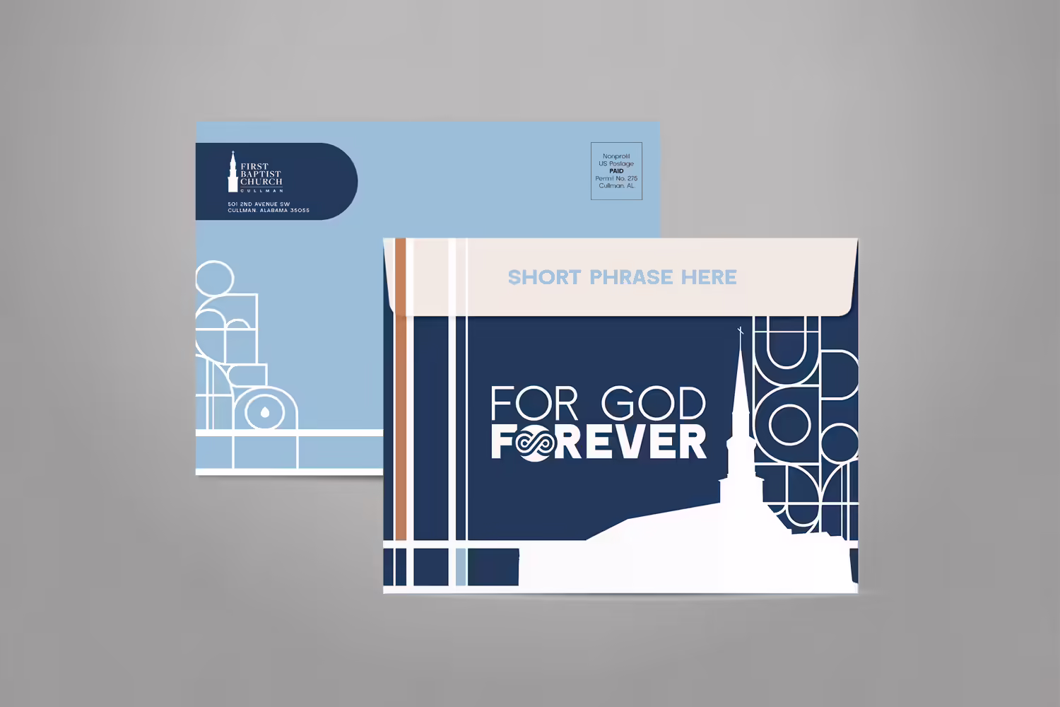 royal blue classic blended modern contemporary building inspired church capital campaign packet envelope design by Abstract Union