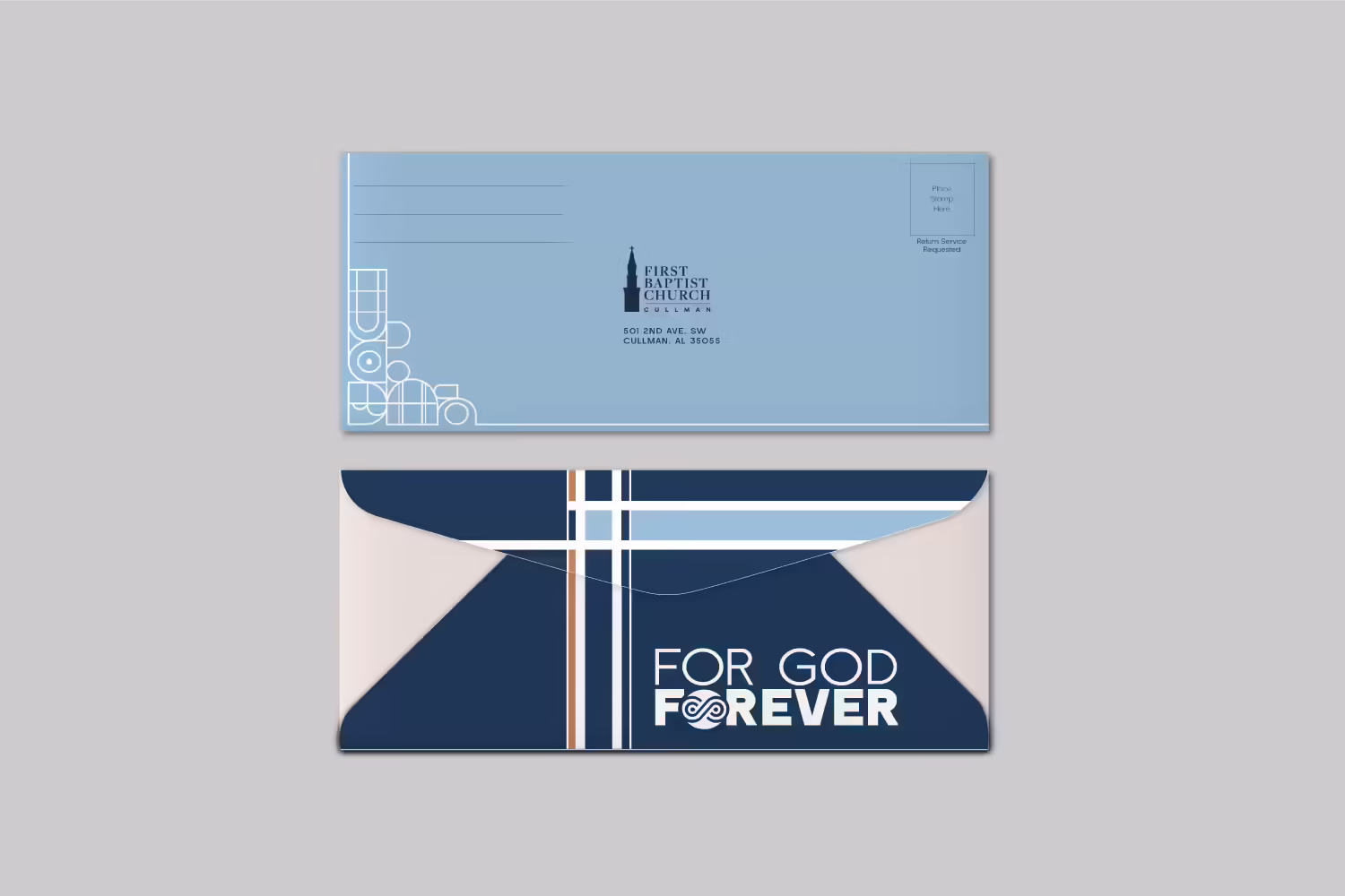 royal blue classic blended modern contemporary building inspired church capital campaign #10 universal return envelope design by Abstract Union