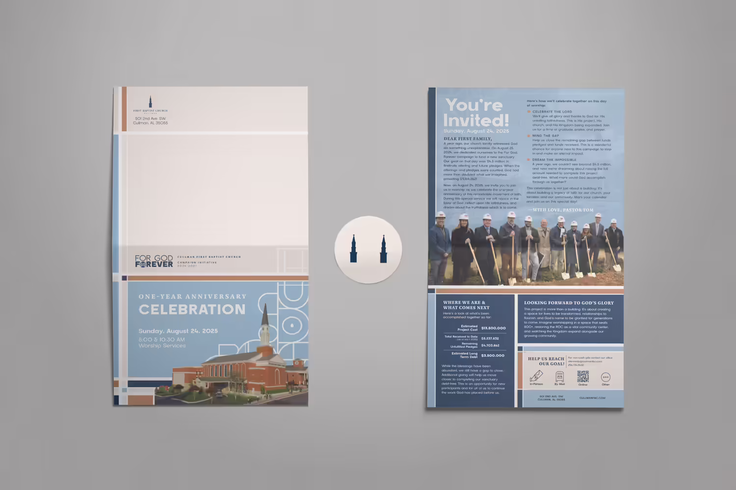 royal blue classic blended modern contemporary building inspired church capital campaign brochure mailer and sticker design by Abstract Union