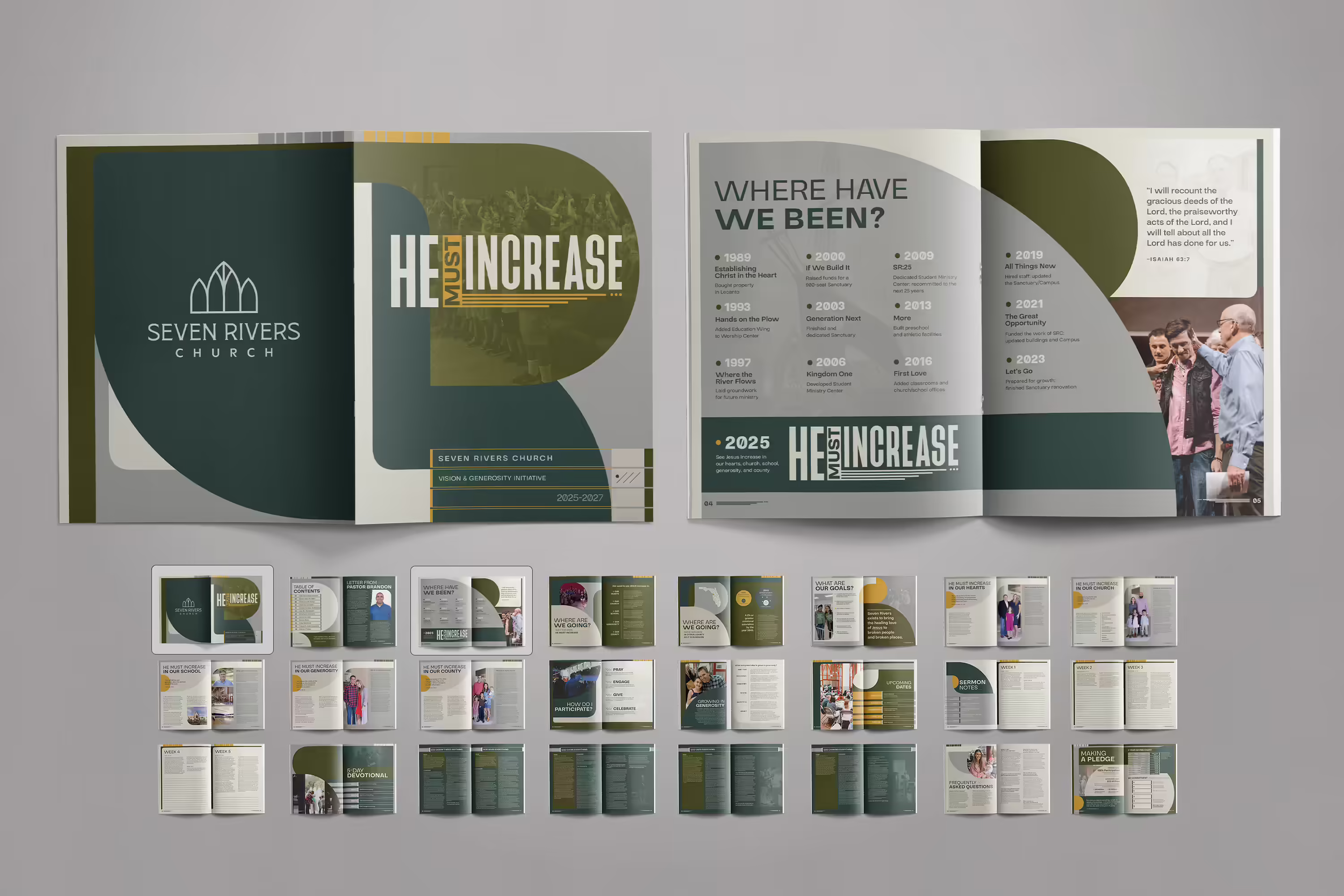 green gray white modern vintage clean minimal church capital campaign case statement multipage booklet design by Abstract Union