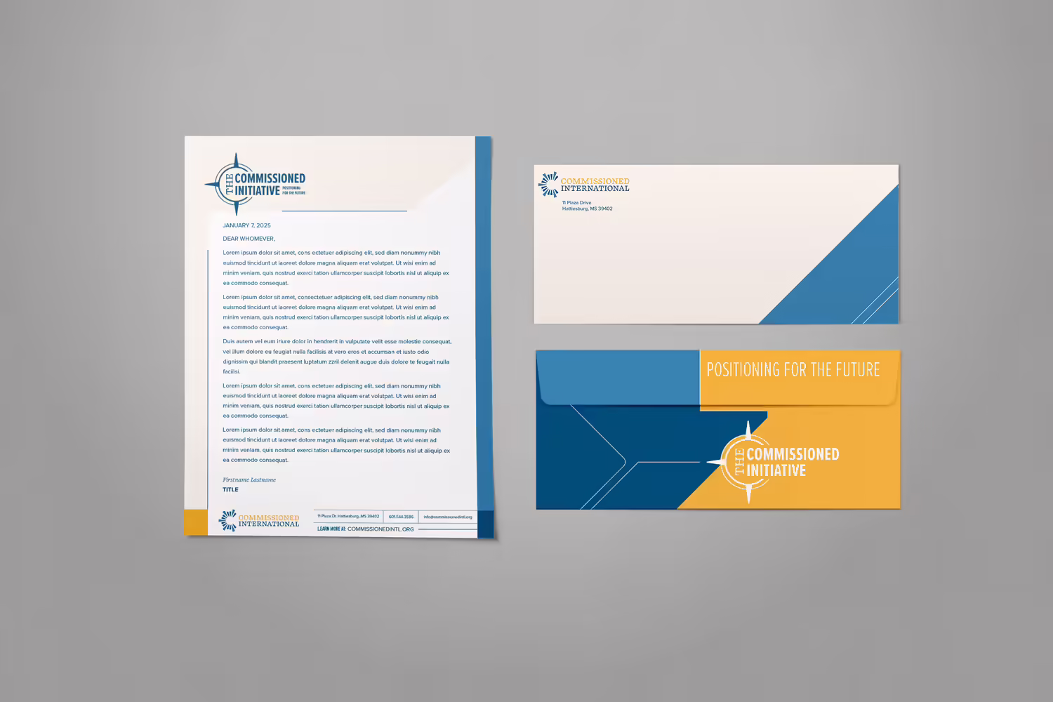 blue yellow bold modern contemporary travel inspire nonprofit capital campaign letterhead envelope design by Abstract Union