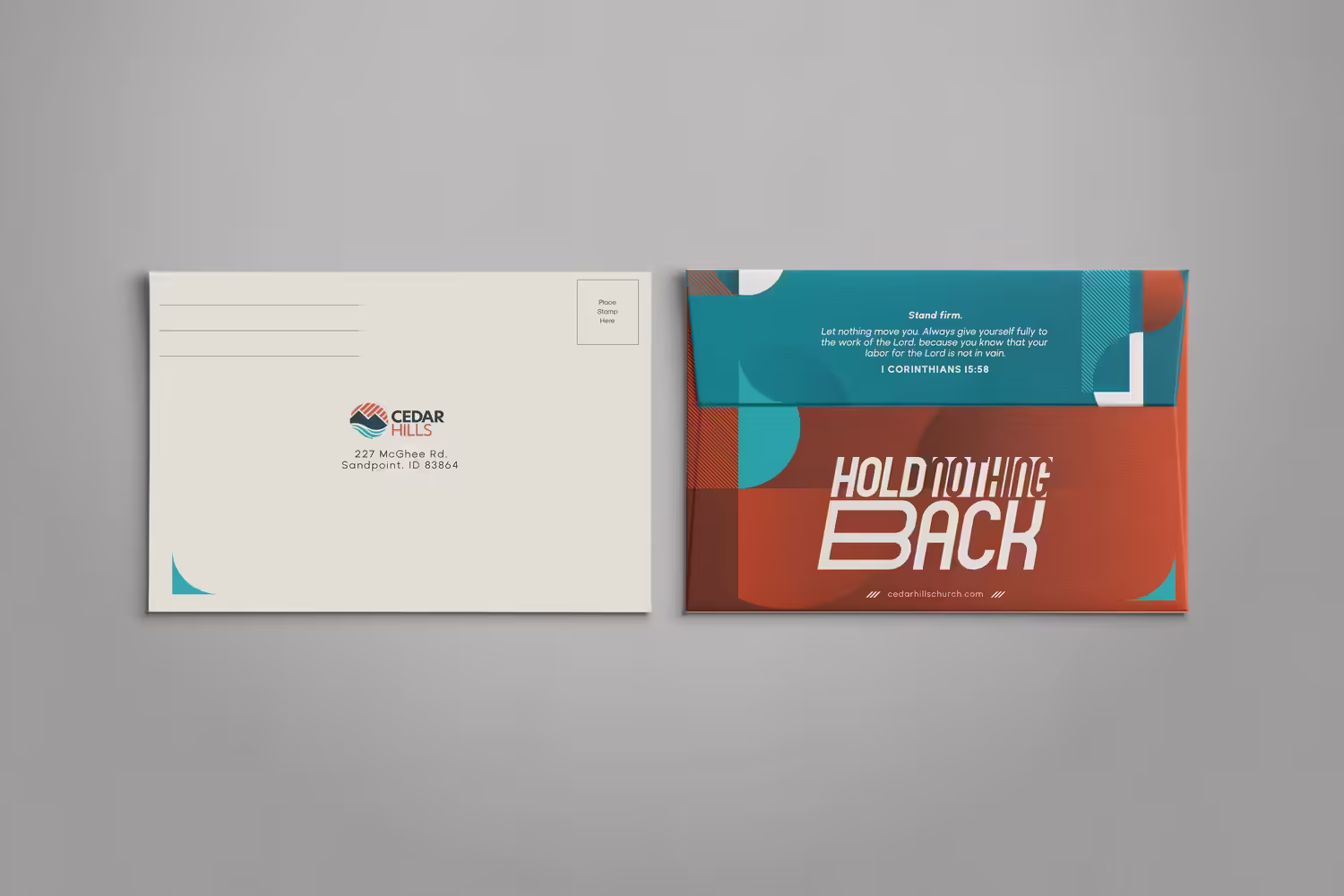 red blue energetic high contrast bold edgy modern church capital campaign A7 return envelope mailing design by Abstract Union