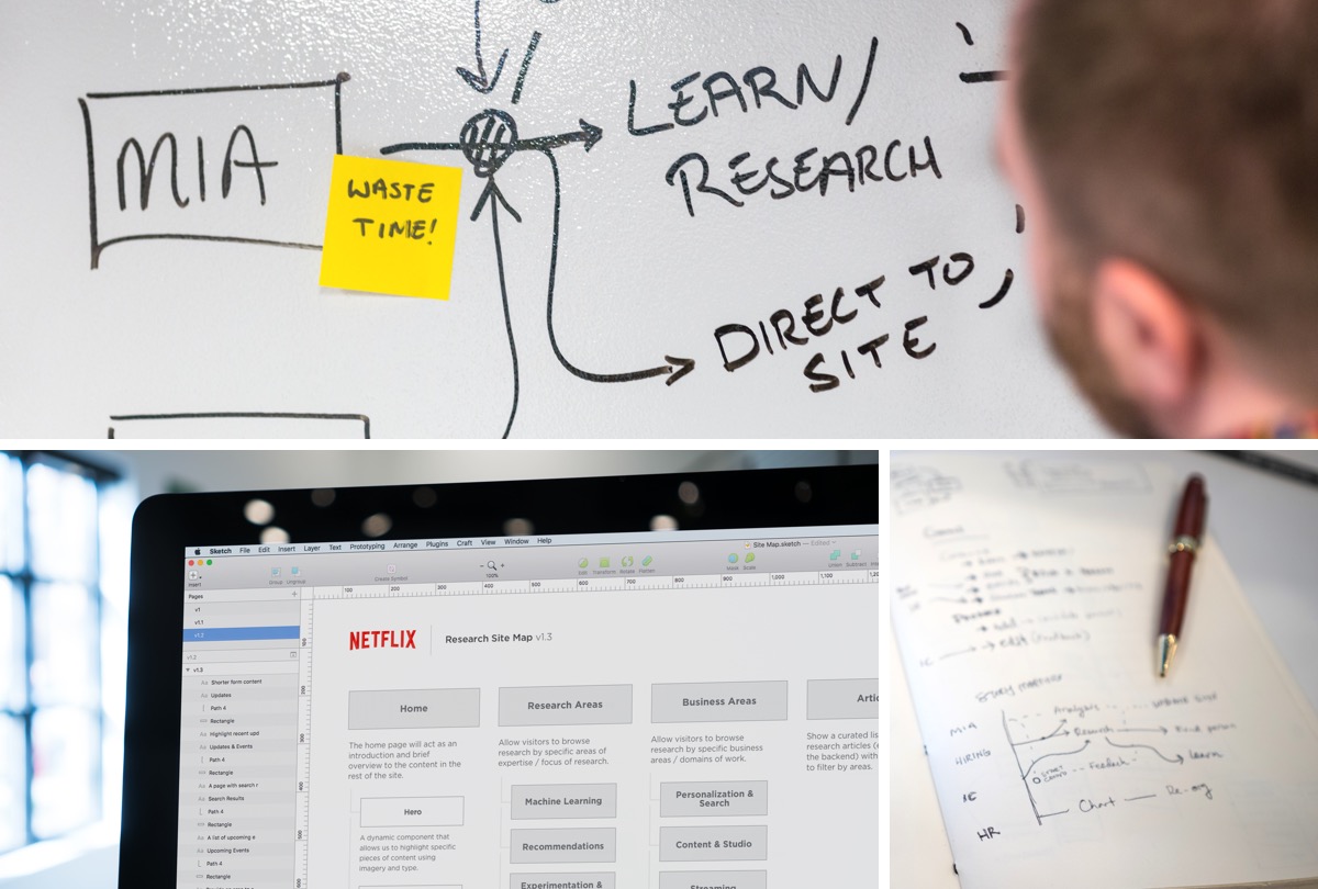 Collage of work. Brainstorming, whiteboarding, and screenshots of UI.