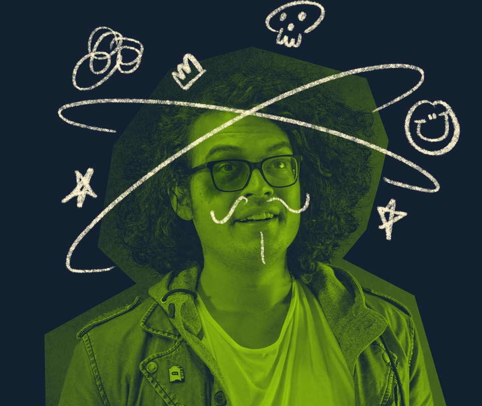 A headshot of Scott Jones. Drawings swirl around his head.