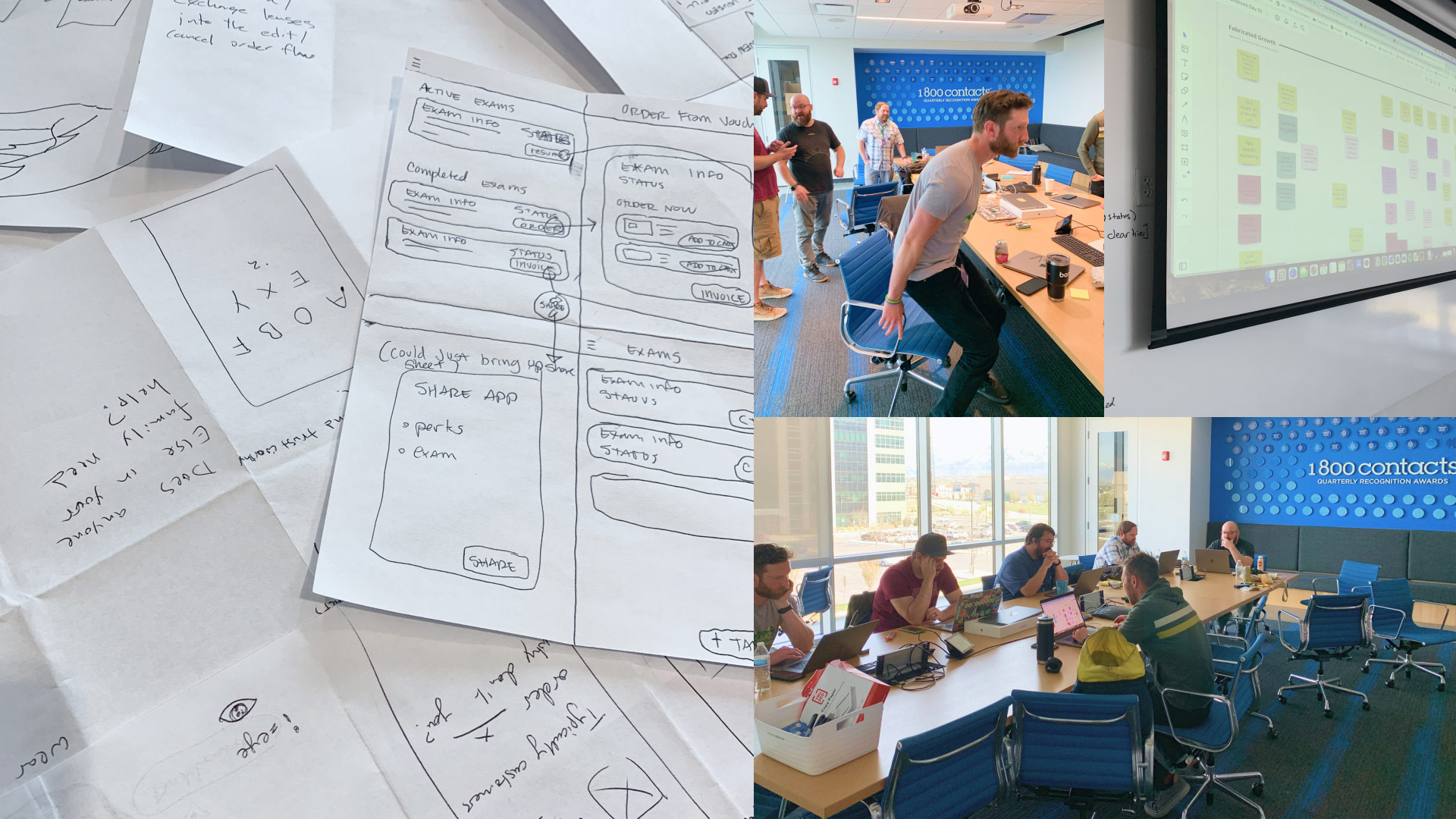 Collage of photos. App team brainstorming, writing stuff, doing classic work things. 