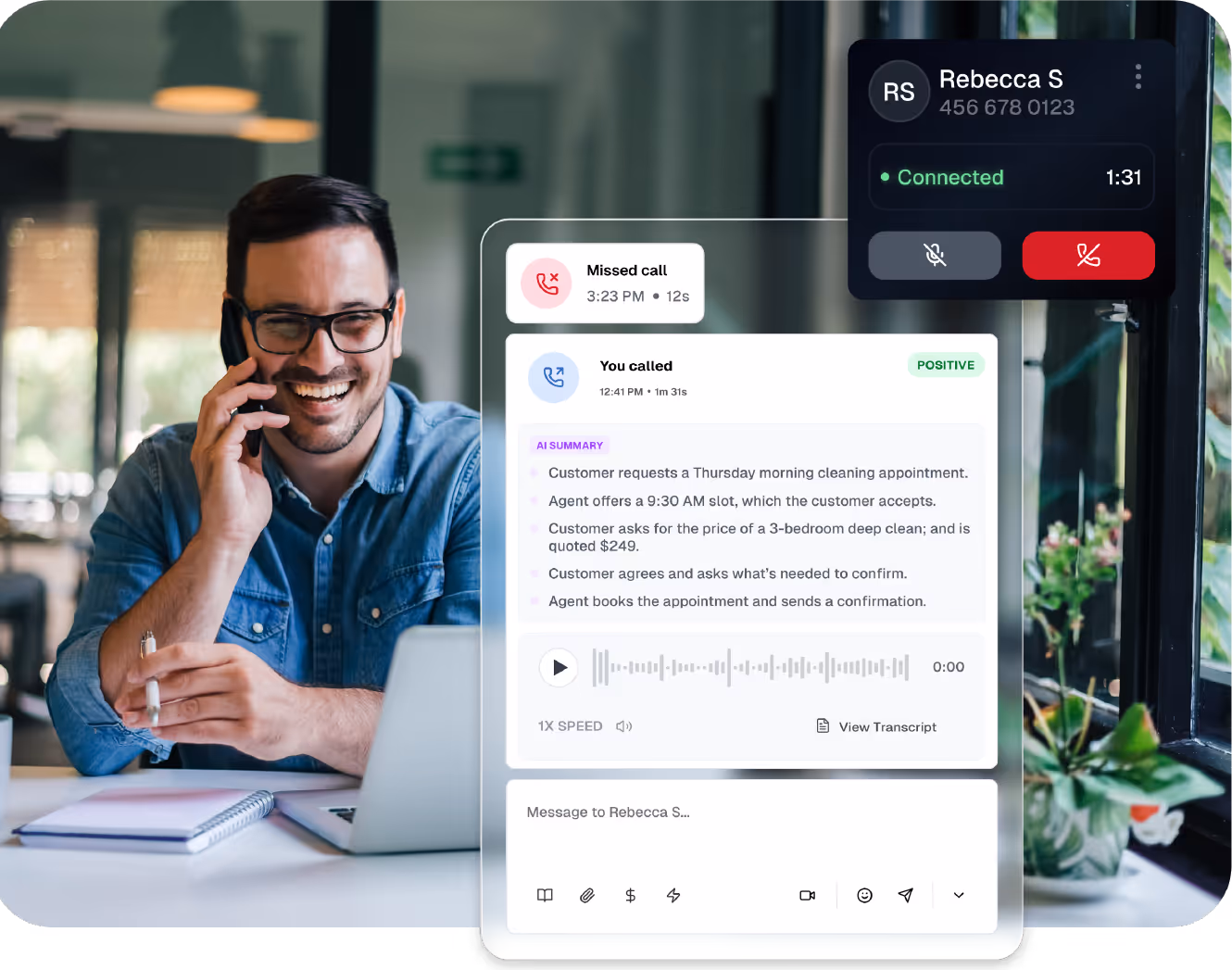 Man with glasses smiling and talking on a phone at a desk with a laptop, showing a digital interface of a customer service call summary and messaging screen.