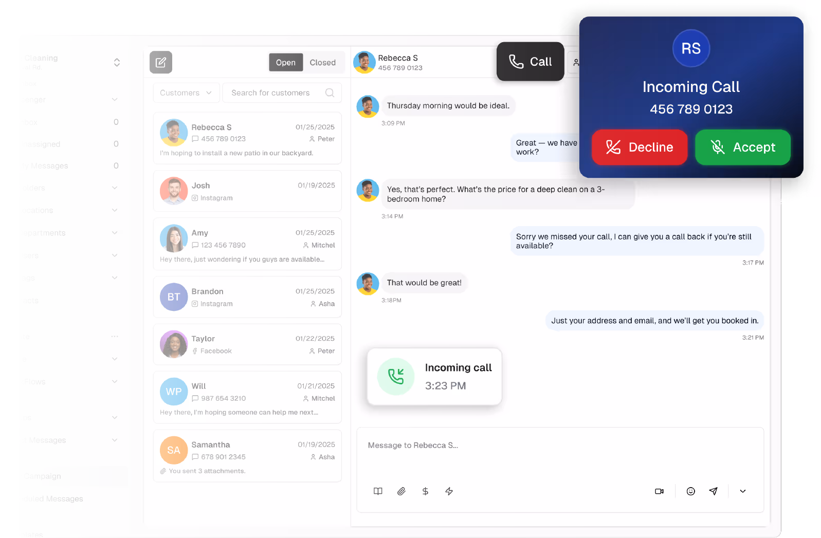 Unified dashboard showing customer list and detailed chat with Rebecca S about scheduling a house cleaning, with incoming call notification and call controls.