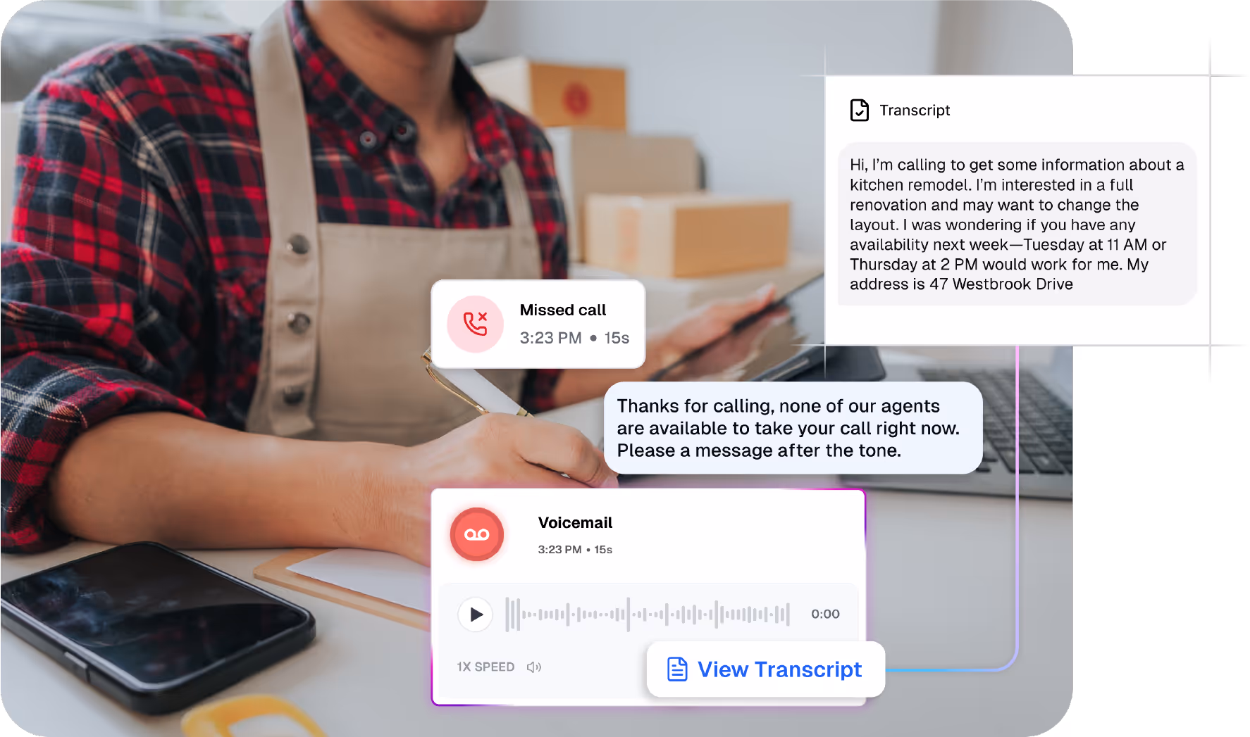 Person in a red and black plaid shirt and apron using a tablet with a phone on the desk; overlay shows call transcript and AI summary about scheduling a kitchen remodel appointment.