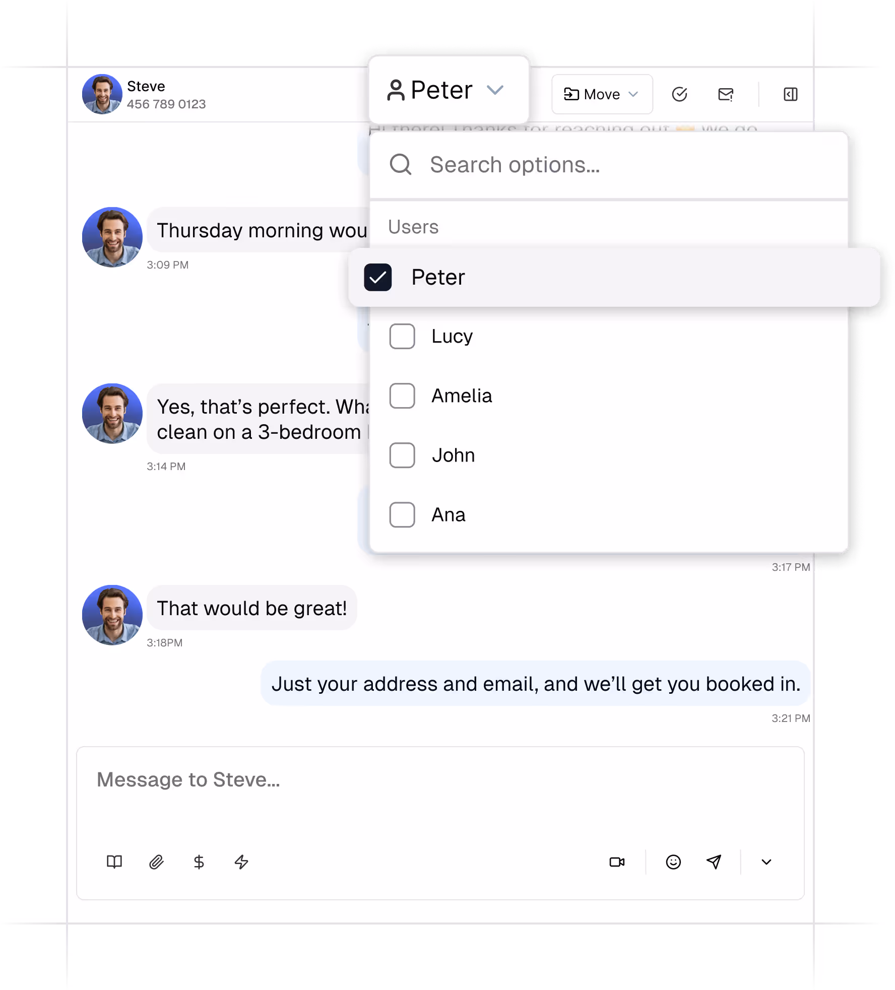 Chat interface showing a conversation with Steve about booking a cleaning, and a dropdown menu listing users including Peter, Lucy, Amelia, John, and Ana with Peter selected.