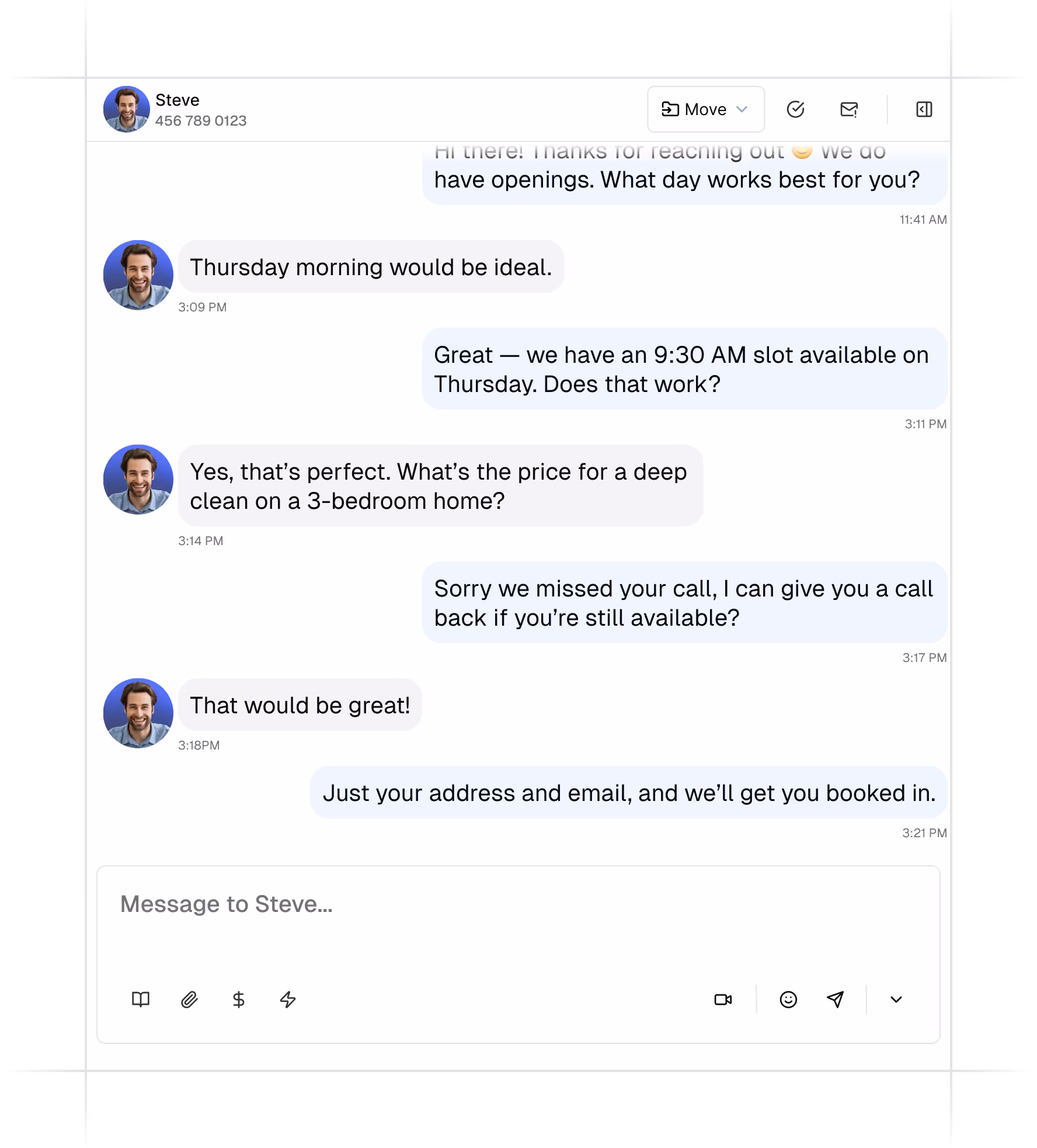 Chat conversation between Steve and a service provider discussing scheduling a cleaning appointment for Thursday morning, confirming a 9:30 AM slot, and requesting address and email details.