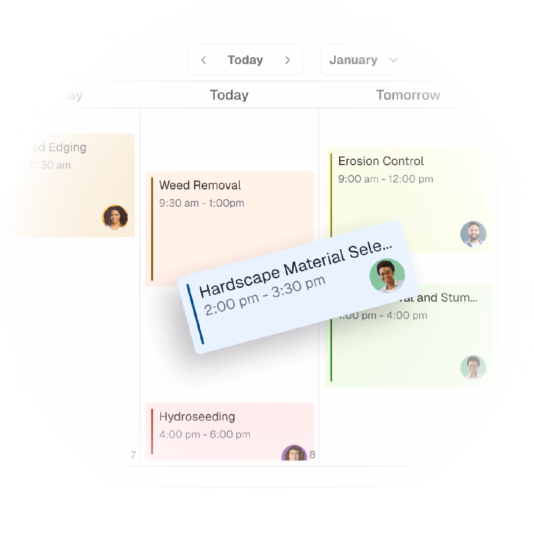 Digital calendar view showing scheduled landscaping tasks with times and assigned team members, including Weed Removal, Hydroseeding, Erosion Control, and Hardscape Material Selection.