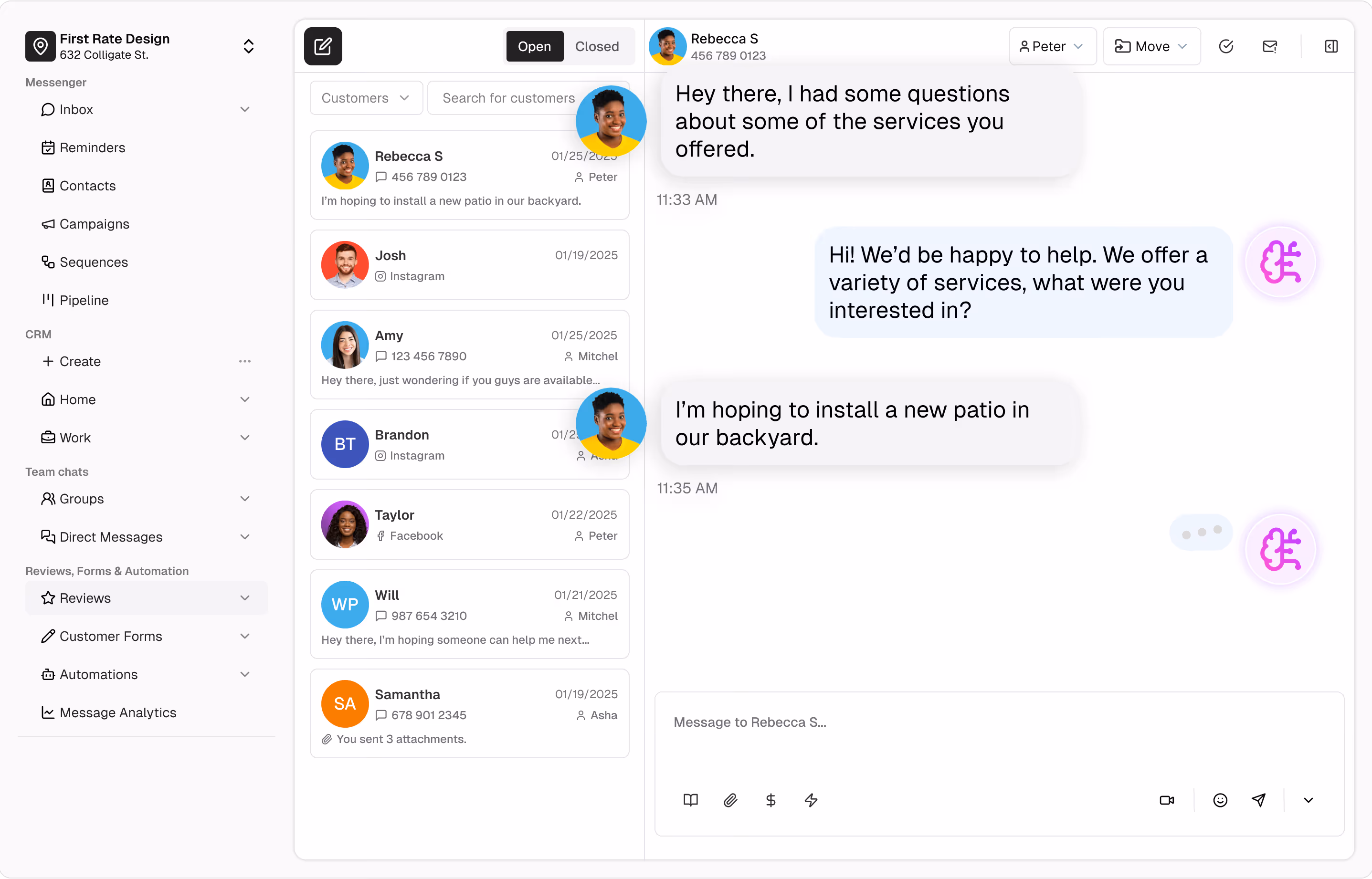 Messaging dashboard interface showing customer conversations including messages about installing a new patio, with contacts list on the left and chat window on the right.