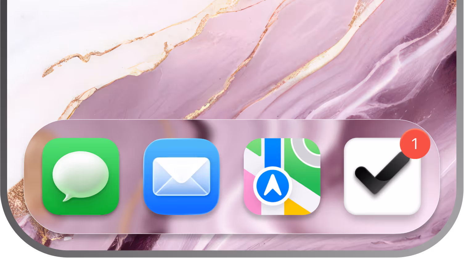 Close-up of a mobile device dock with app icons for Messages, Mail, Maps, and a checklist app showing one notification.