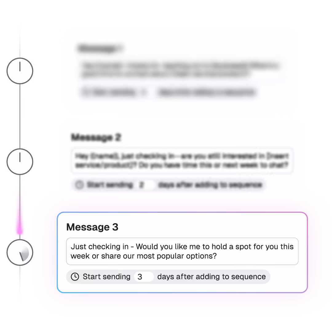 Timeline graphic showing three messages with delays; Message 3 reads: 'Just checking in – Would you like me to hold a spot for you this week or share our most popular options?' with a start delay of 3 days after adding to sequence.