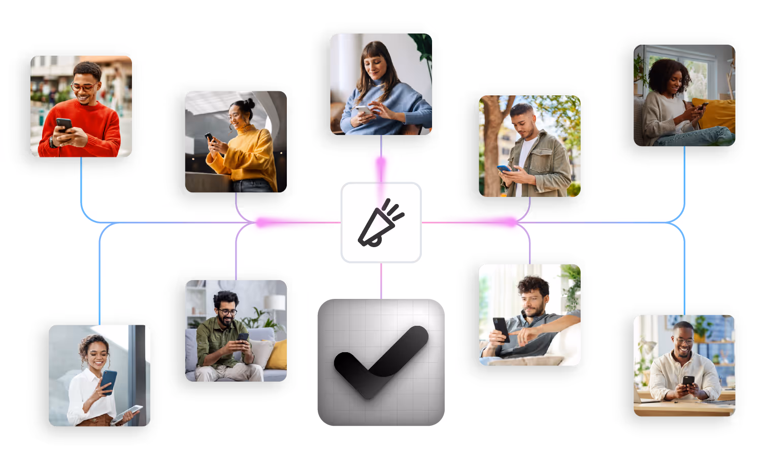 Collage of diverse people using phones connected by colorful lines to an icon of a megaphone leading to a checkmark symbol.
