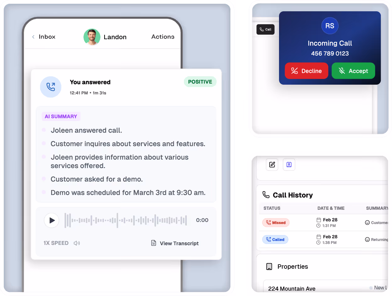Screenshot of a mobile chat interface showing a conversation about sending a deposit with a secure payment link, alongside a desktop interface with an incoming call notification and a pipeline section for a dental appointment.