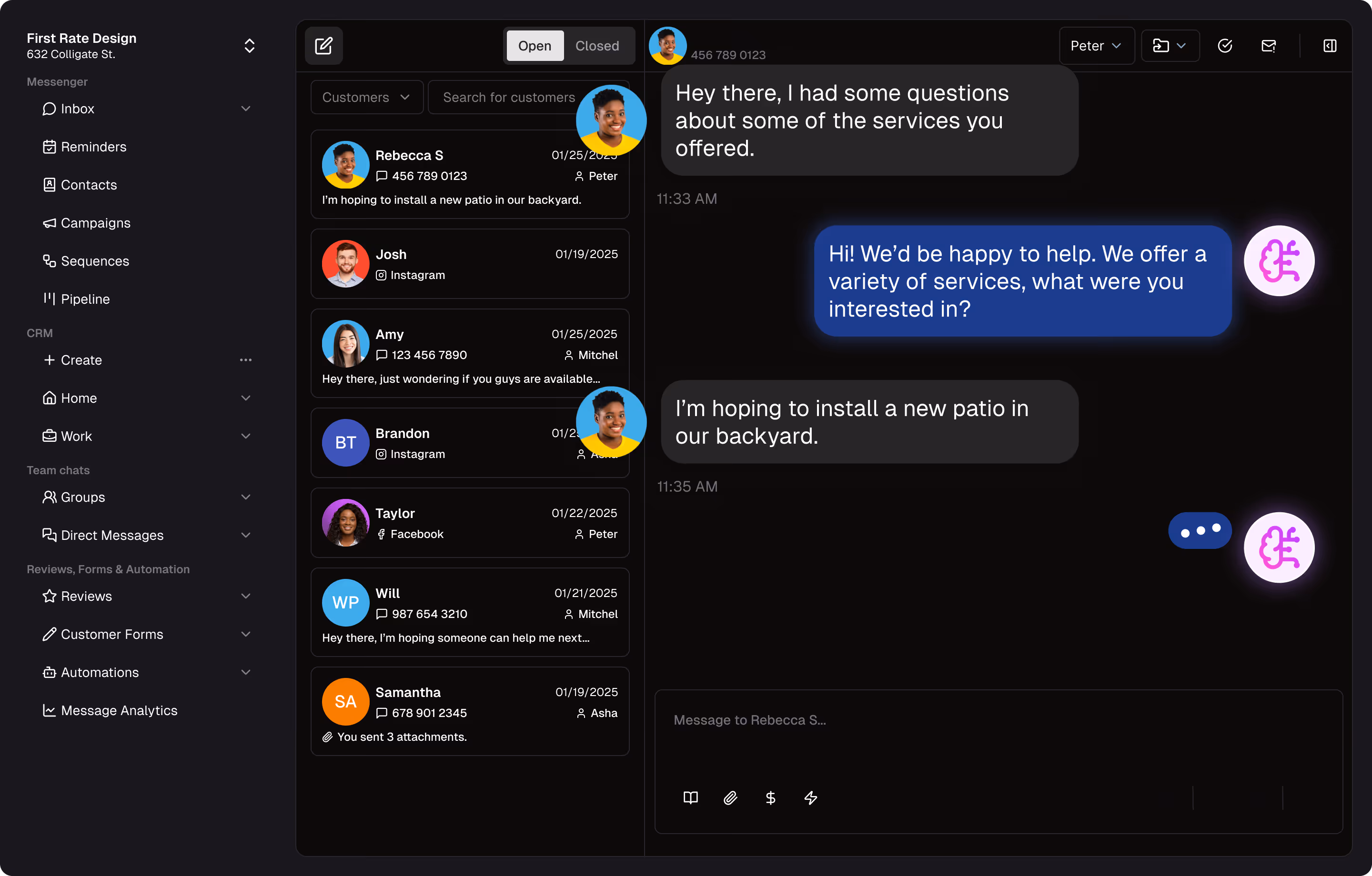 Messaging dashboard interface showing customer conversations including messages about installing a new patio, with contacts list on the left and chat window on the right.