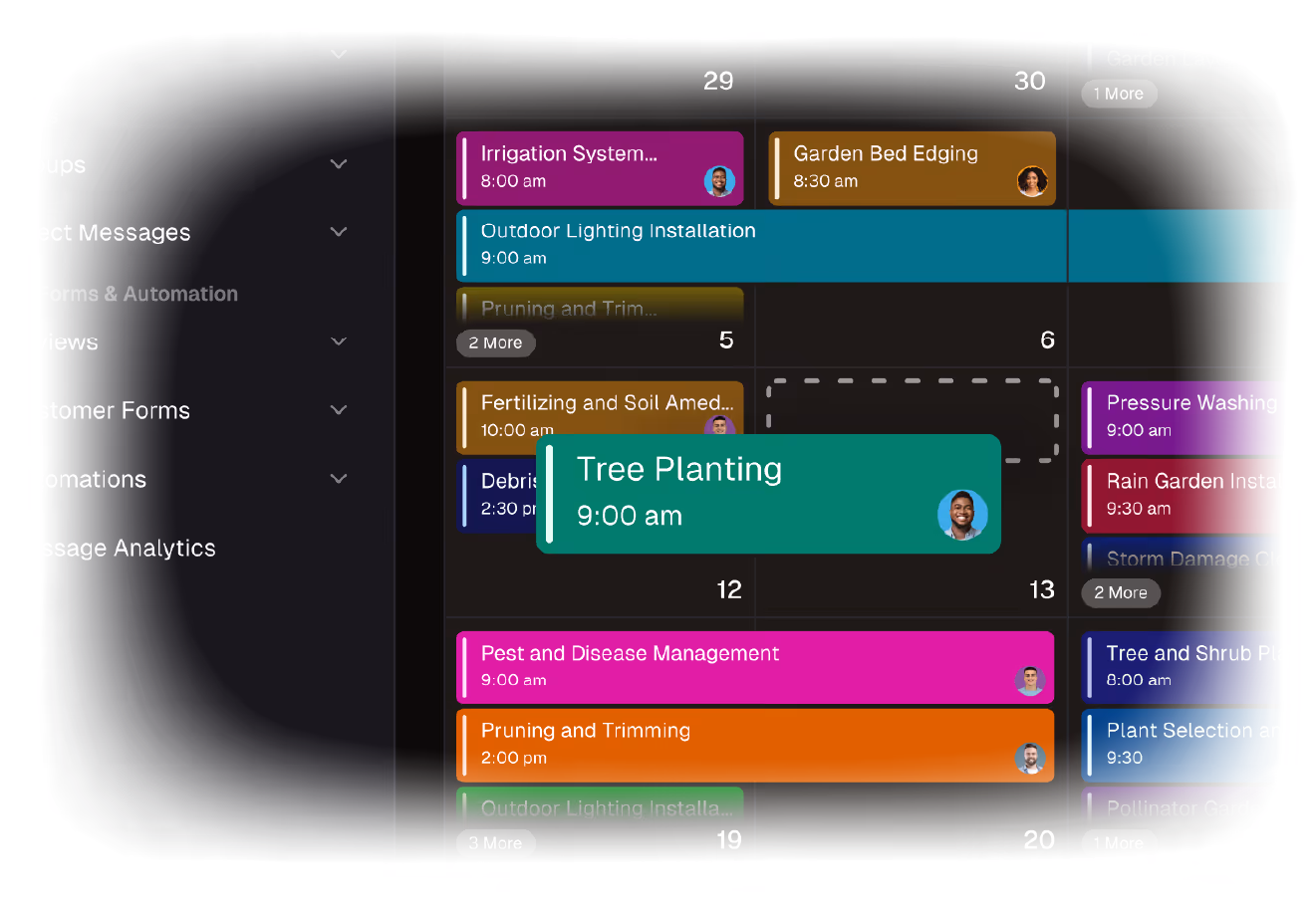 Digital calendar view showing scheduled landscaping tasks with times and assigned team members, including Weed Removal, Hydroseeding, Erosion Control, and Hardscape Material Selection.