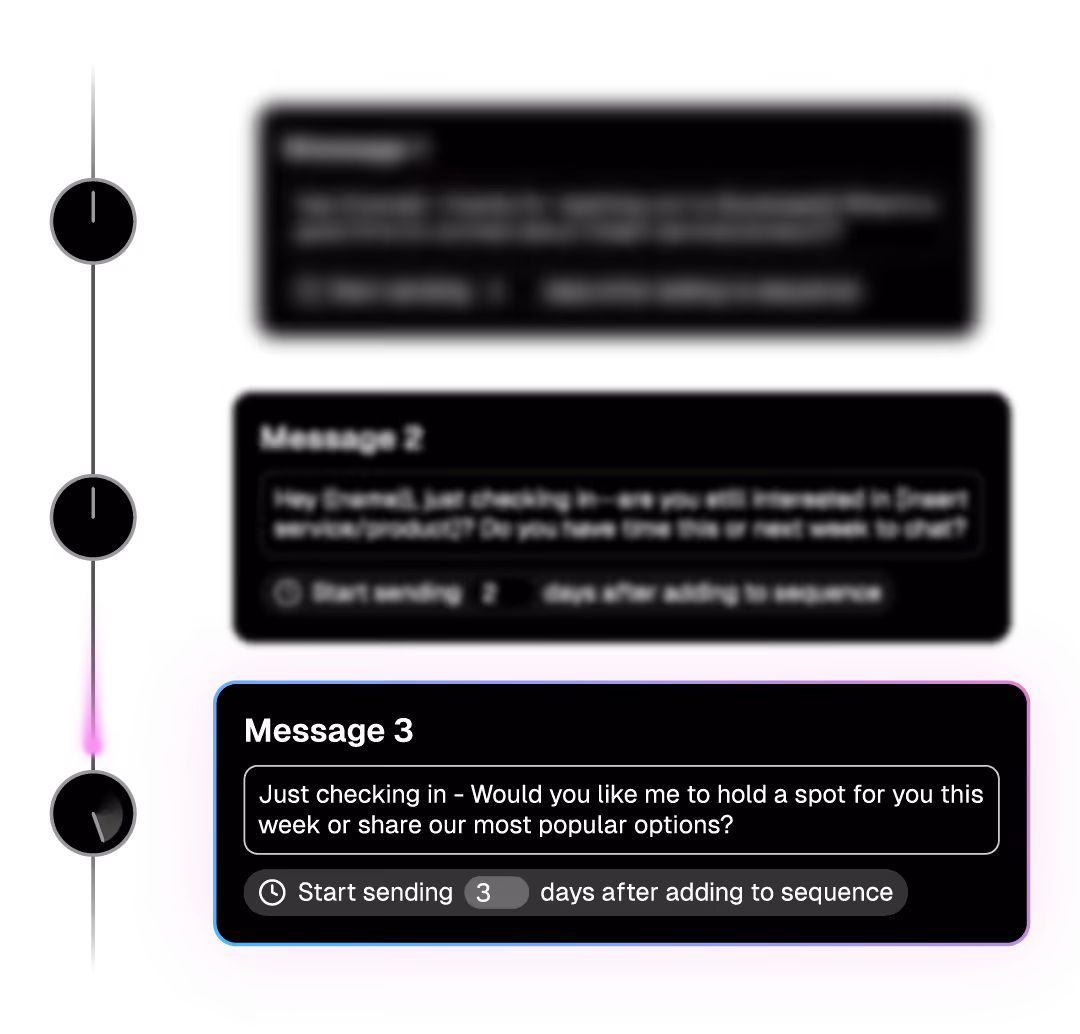 Timeline graphic showing three messages with delays; Message 3 reads: 'Just checking in – Would you like me to hold a spot for you this week or share our most popular options?' with a start delay of 3 days after adding to sequence.