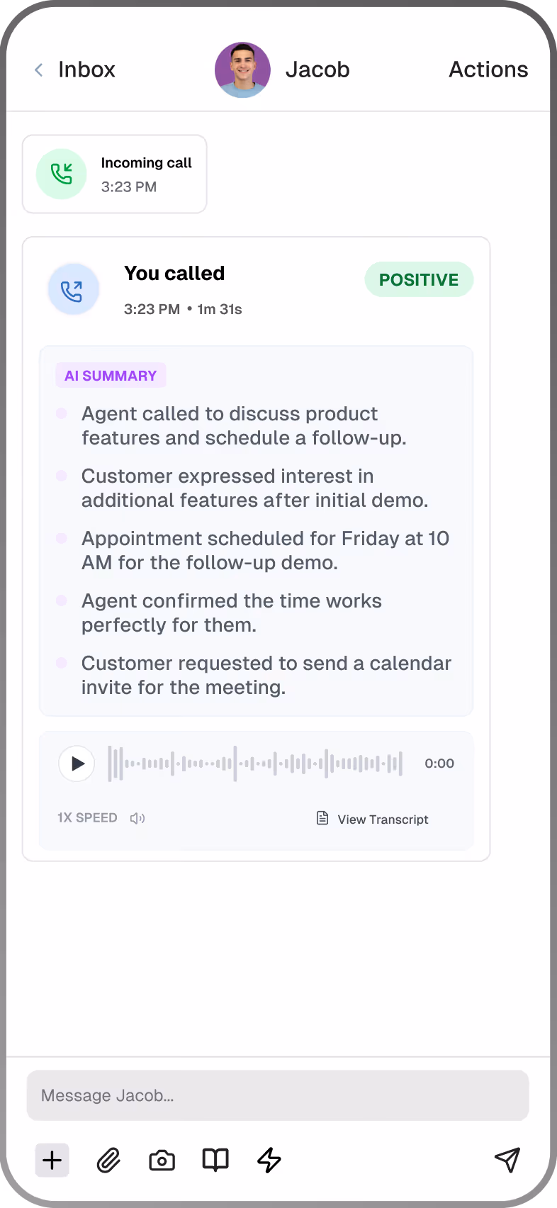 Mobile chat interface showing an answered call summary with AI-generated notes about a product demo follow-up appointment scheduled for Friday at 10 AM.