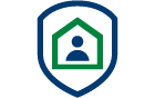 Blue shield outline enclosing a green house icon with a person symbol inside.