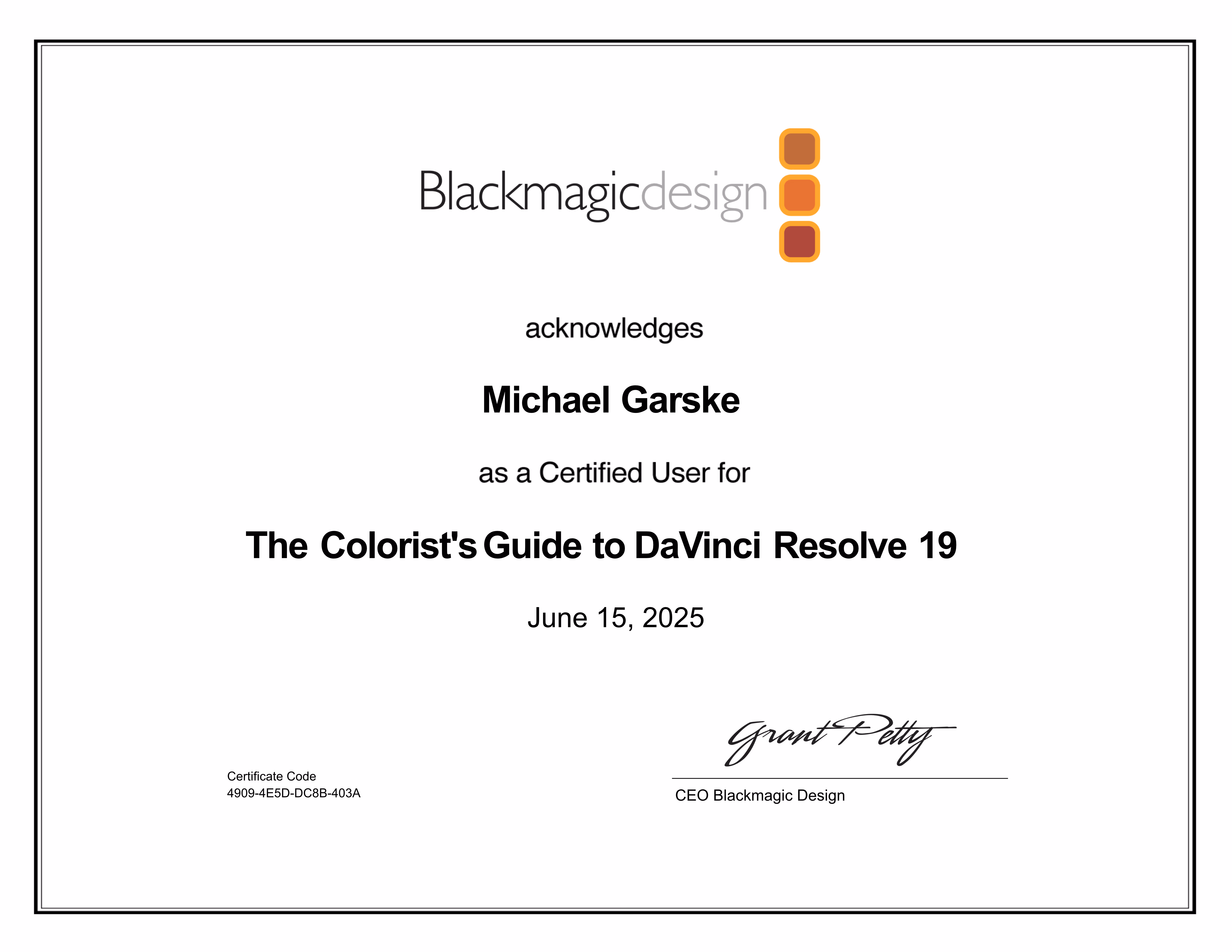 Davinci Resolve 19 Colorist Training certificate. 
