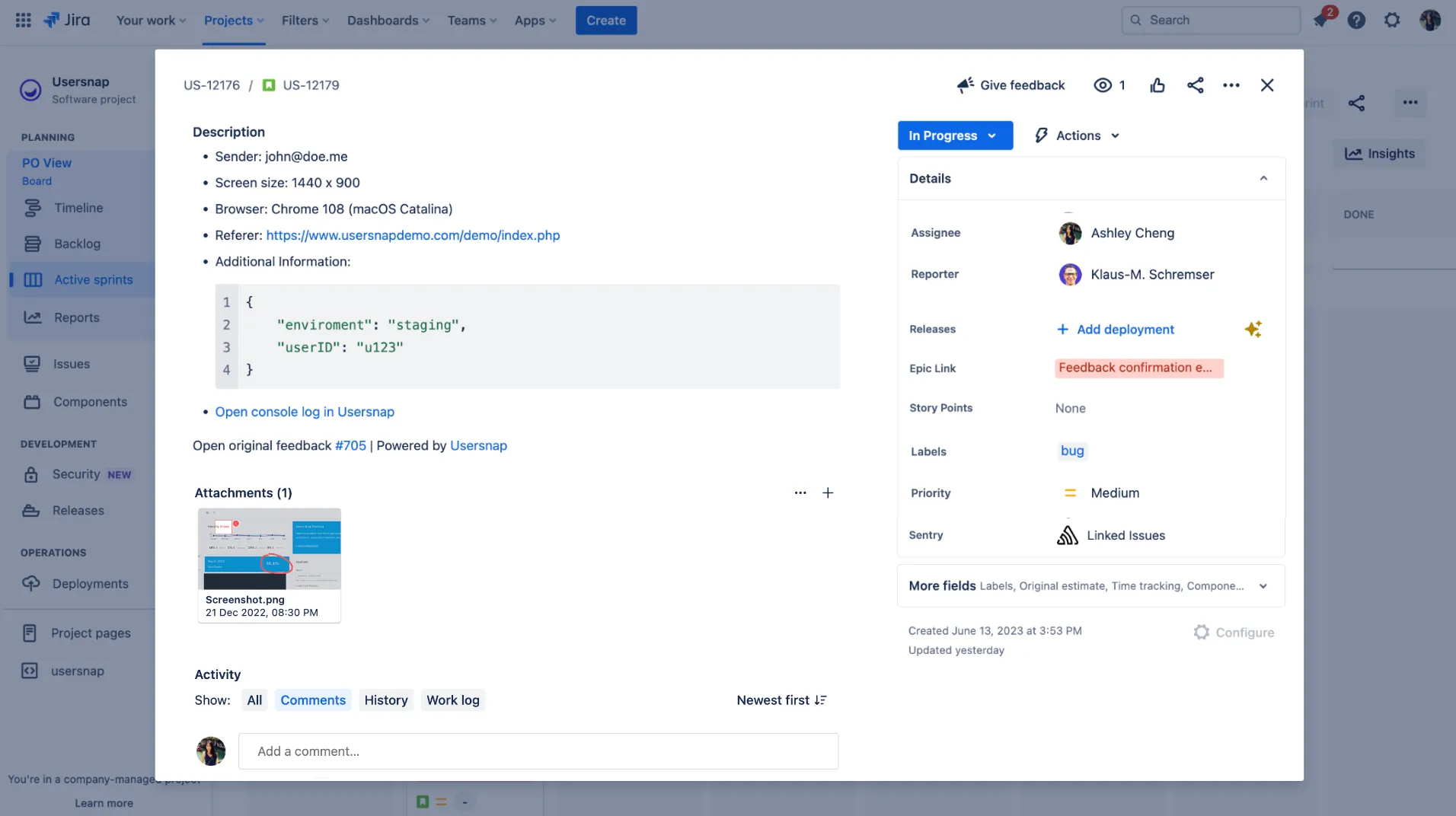 Jira ticket of Usersnap feedback