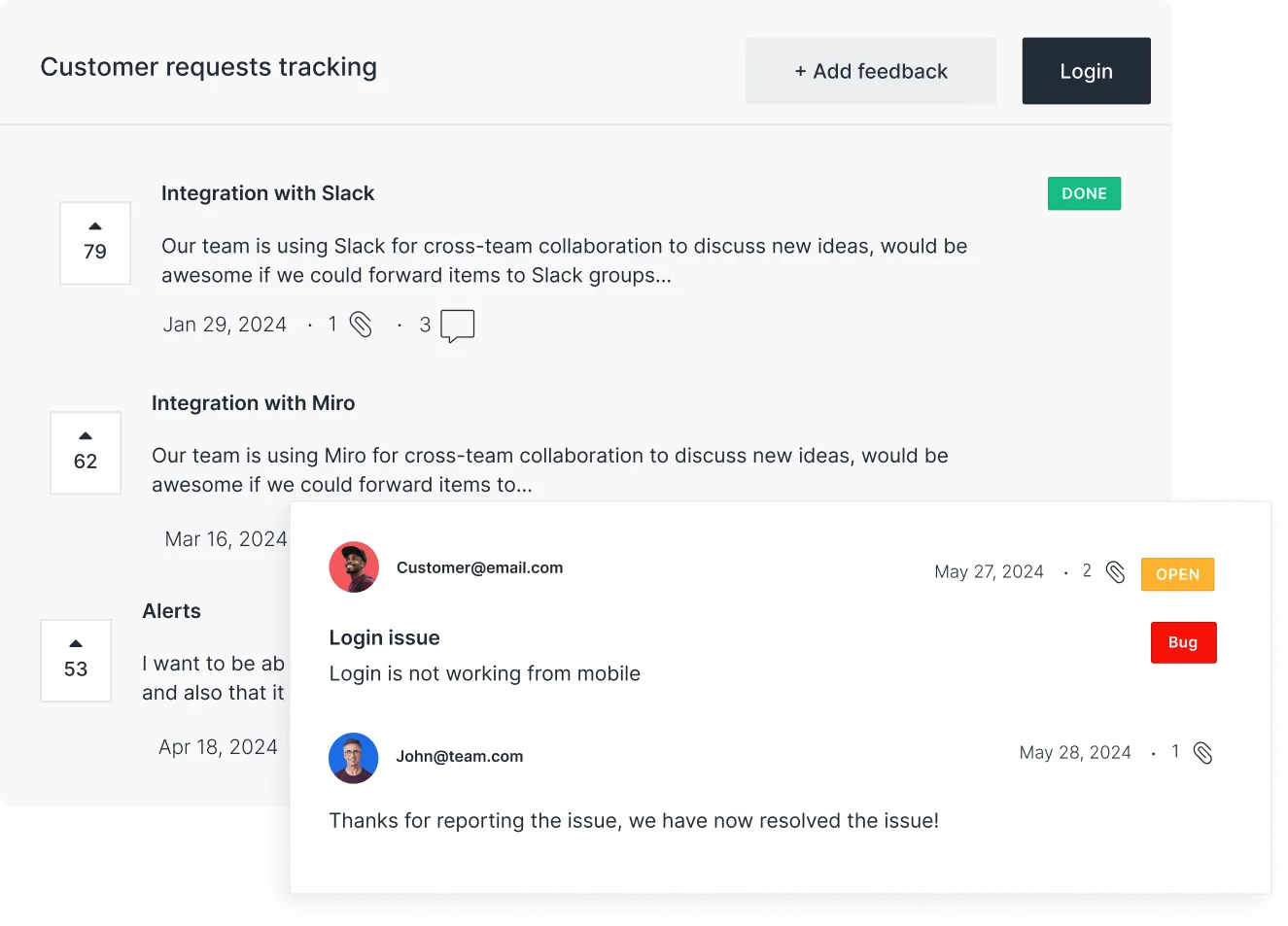 Publish customer feedback list to share status and progress of your project
