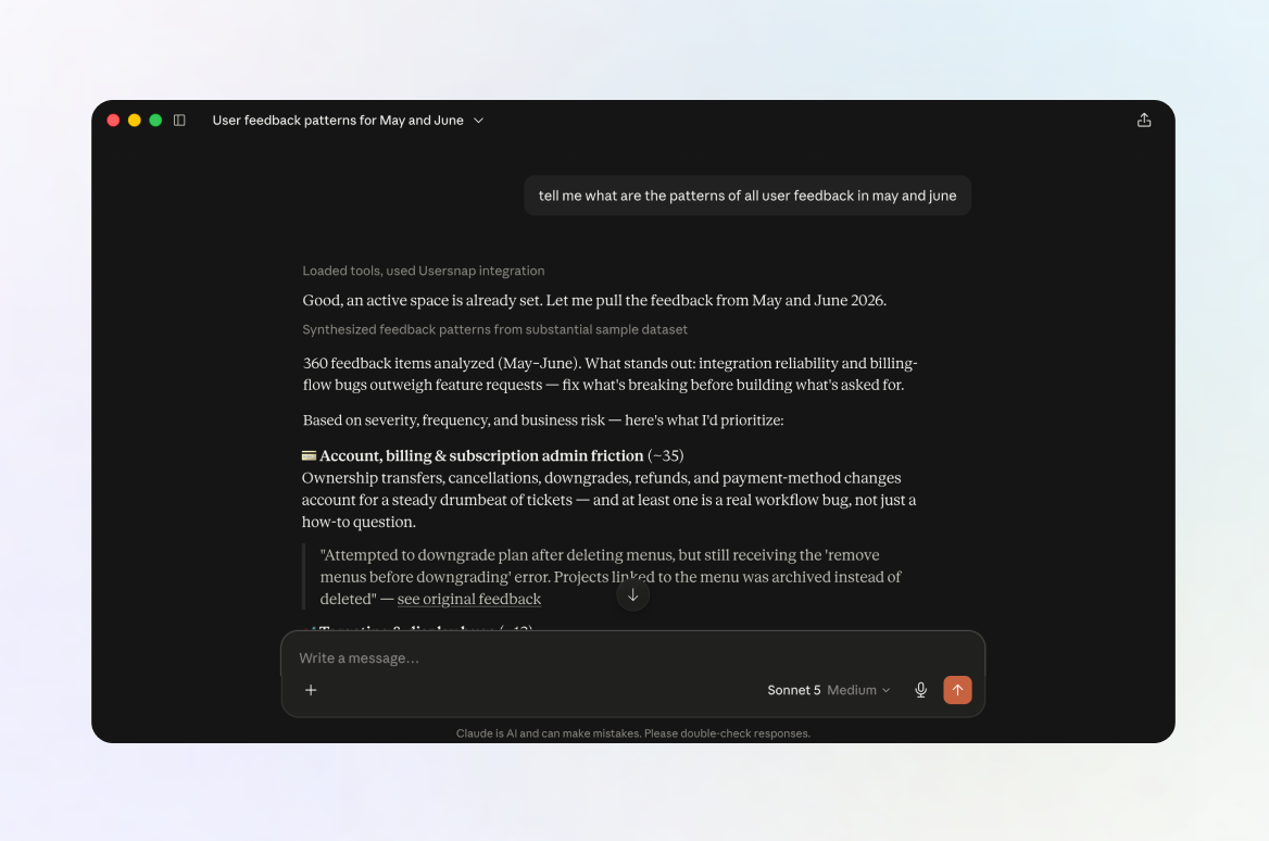 A product manager asking Usersnap which themes customers complained about this week
