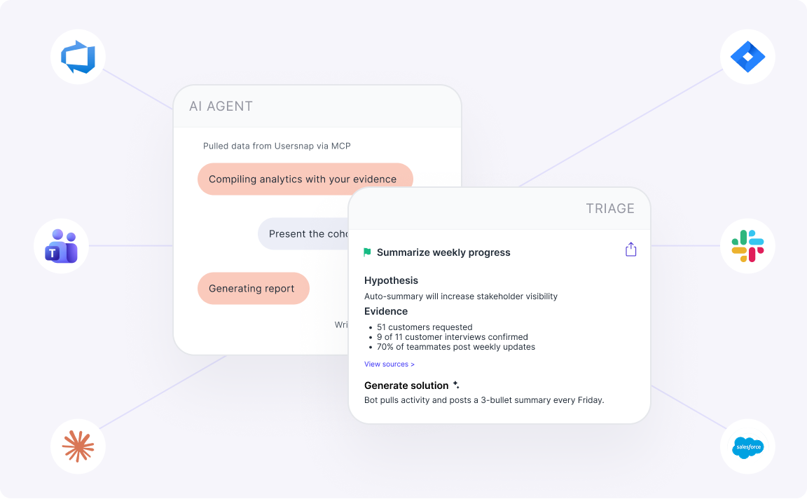 Dashboard mockup showing connect channels integrations panel and AI-extracted evidence from a customer conversation