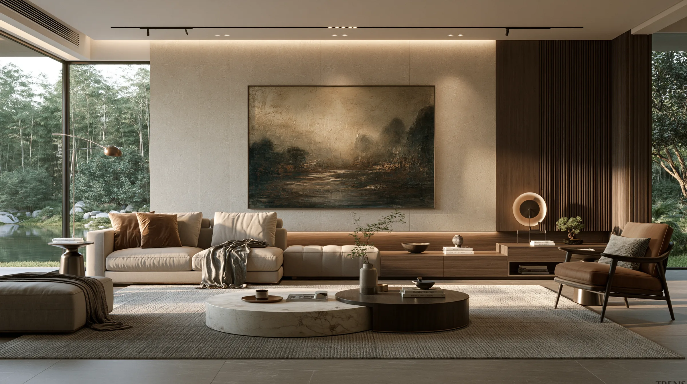 A warm, softly lit living room: a low sofa beneath a large landscape painting, with a lake and trees through floor-to-ceiling glass