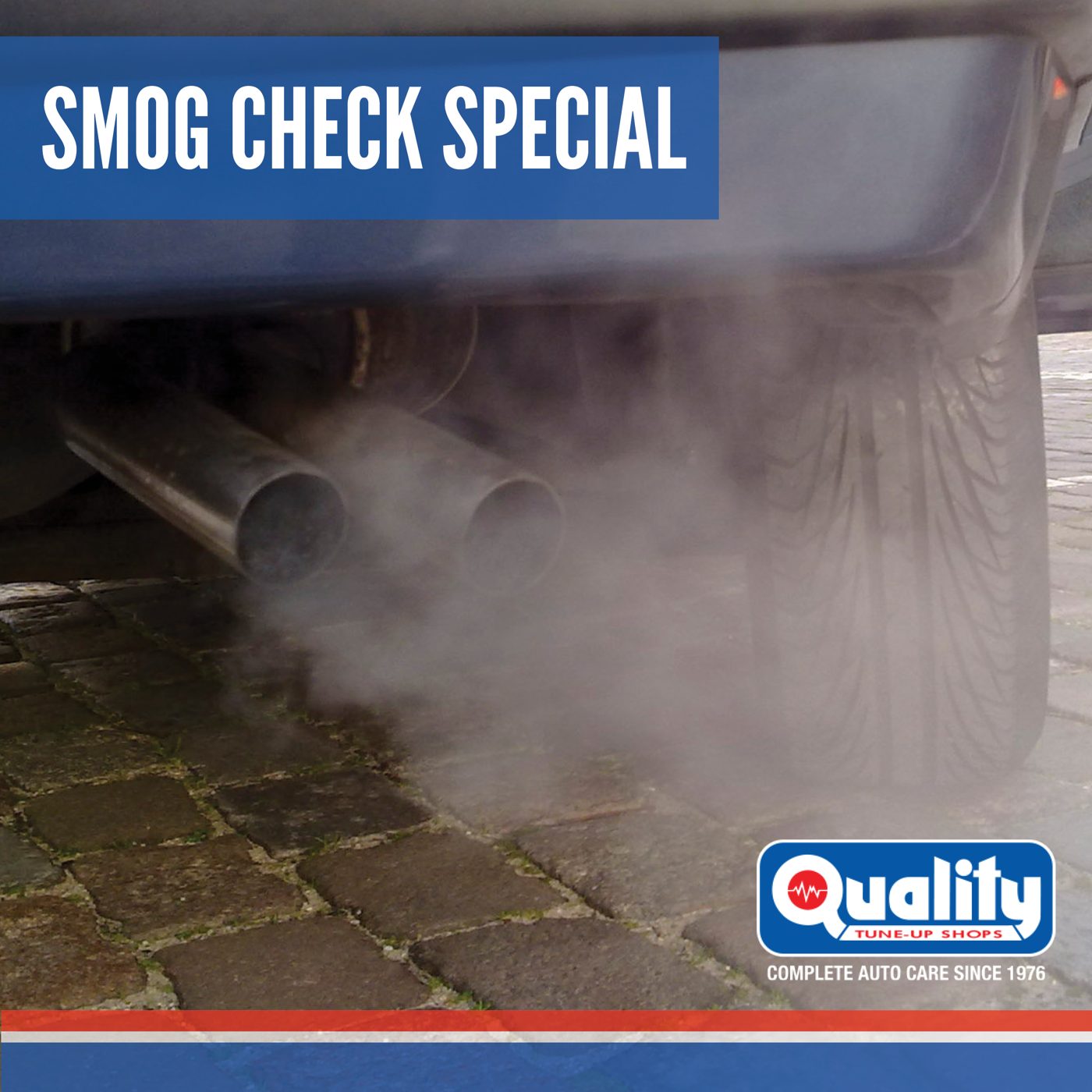 Quality Tune-Up Shops Smog Check Special coupon graphic showing exhaust from a car tailpipe